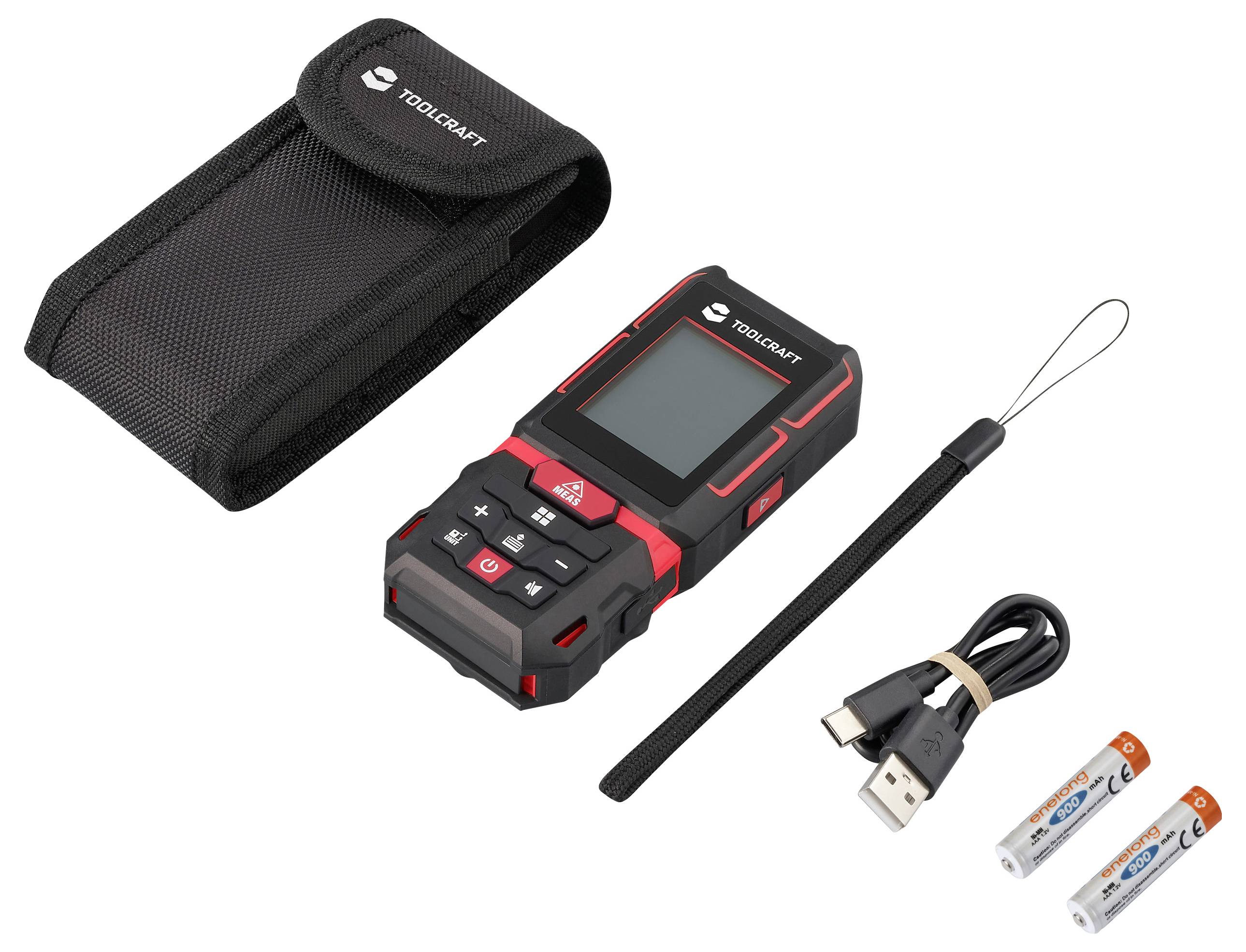 Elektronisches Messgerät mit Zubehör: Tragetasche, USB-Kabel, zwei Batterien. Hauptgerät mit Display und Tasten.
