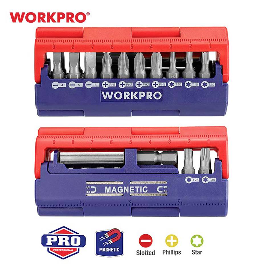Schraubendreher-Set von WORKPRO, bestehend aus verschiedenen magnetischen Bits: Schlitz, Kreuzschlitz, Stern. Enthält 32 Teile.