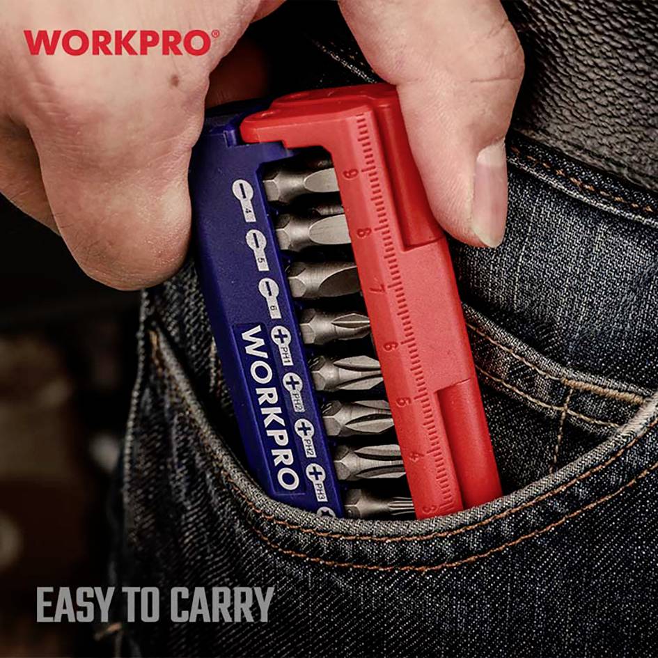 'WORKPRO'-Set mit Bits und Lineal in einer Tasche, Aufschrift 'EASY TO CARRY'.