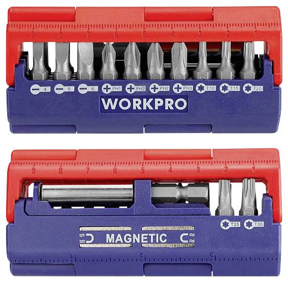Bitsatz mit magnetischem Bithalter, 15 Bits inklusive Kreuzschlitz, Torx und Schlitz. Farbliche Aufteilung: rot und blau.