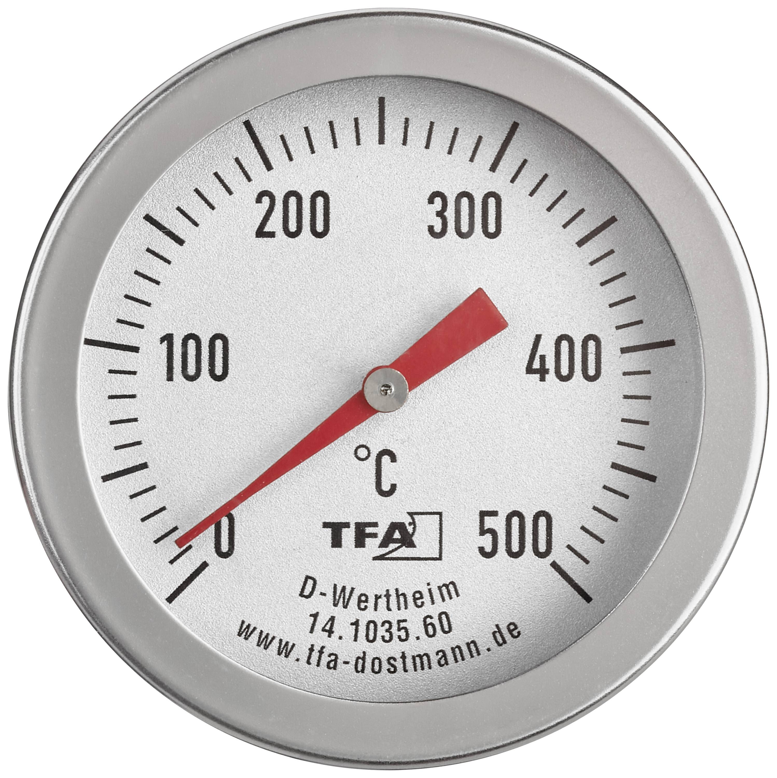 Rundes Metallthermometer mit rotem Zeiger, zeigt 160 Grad Celsius. Skala von 0 bis 500 Grad. TFA-Logo und Kontaktinformationen unten.