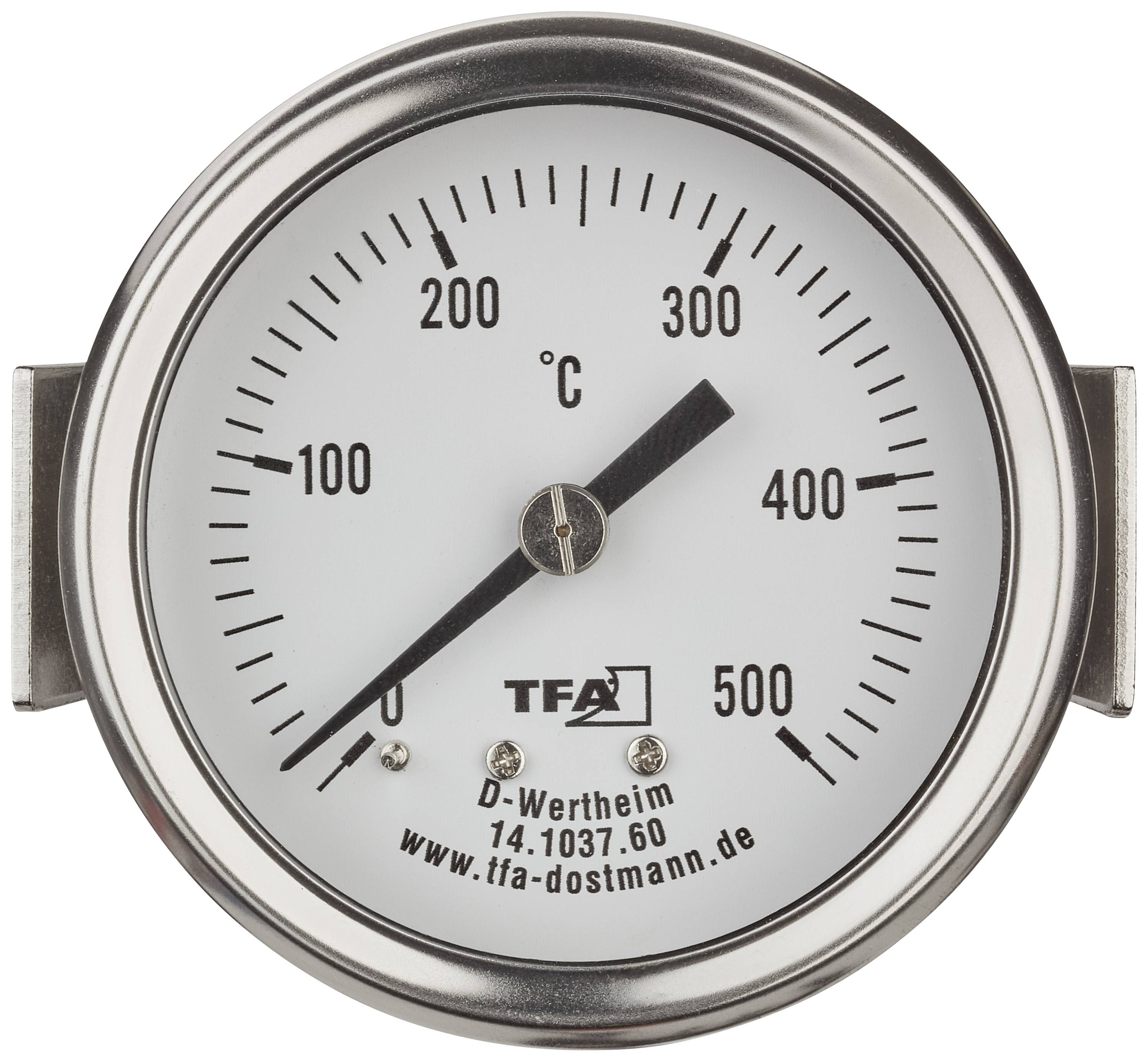 Rundes Thermometer mit Skala von 0 bis 500 Grad Celsius, Markierungen bei 100er Schritten. Zeiger zeigt knapp über 0 Grad an.