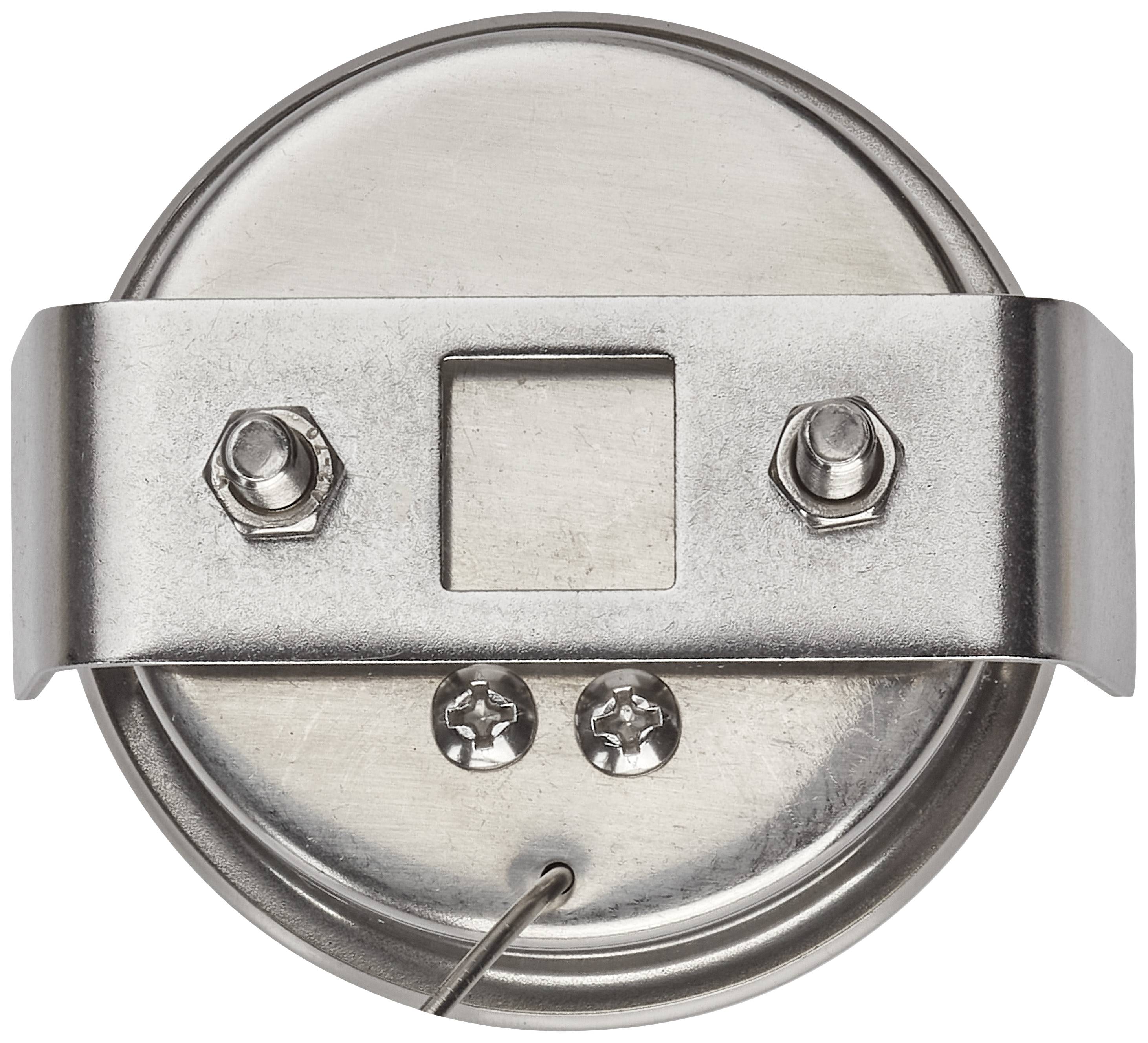 Runde Metallplatte mit zwei Schrauben oben und zwei gewinkelten Schrauben unten. Eine Metalllasche verläuft diagonal über die Platte.