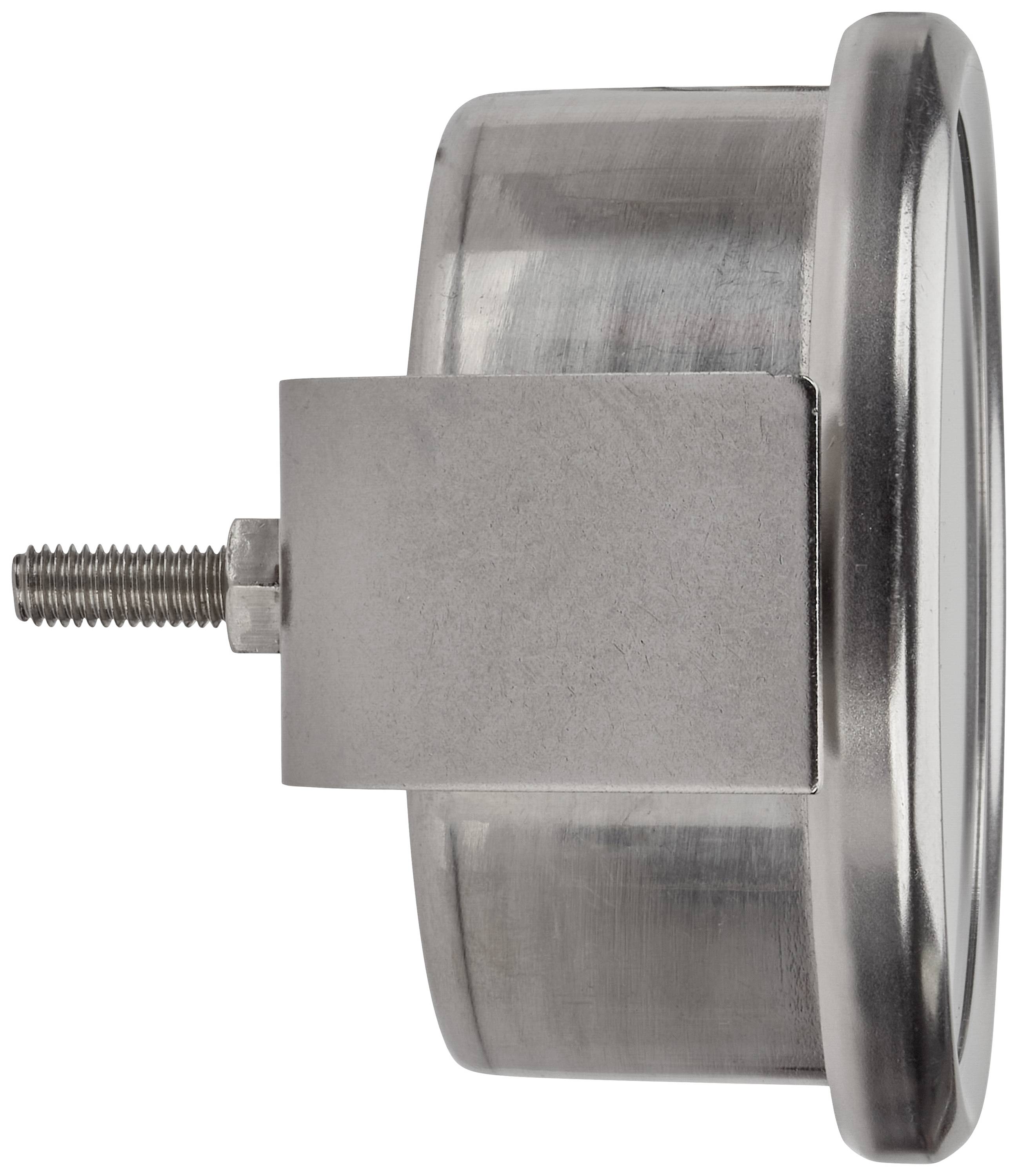 Ein rundes Metallteil mit einer Schraube zur Befestigung an der Seite, vermutlich ein Manometer oder Messgerät.