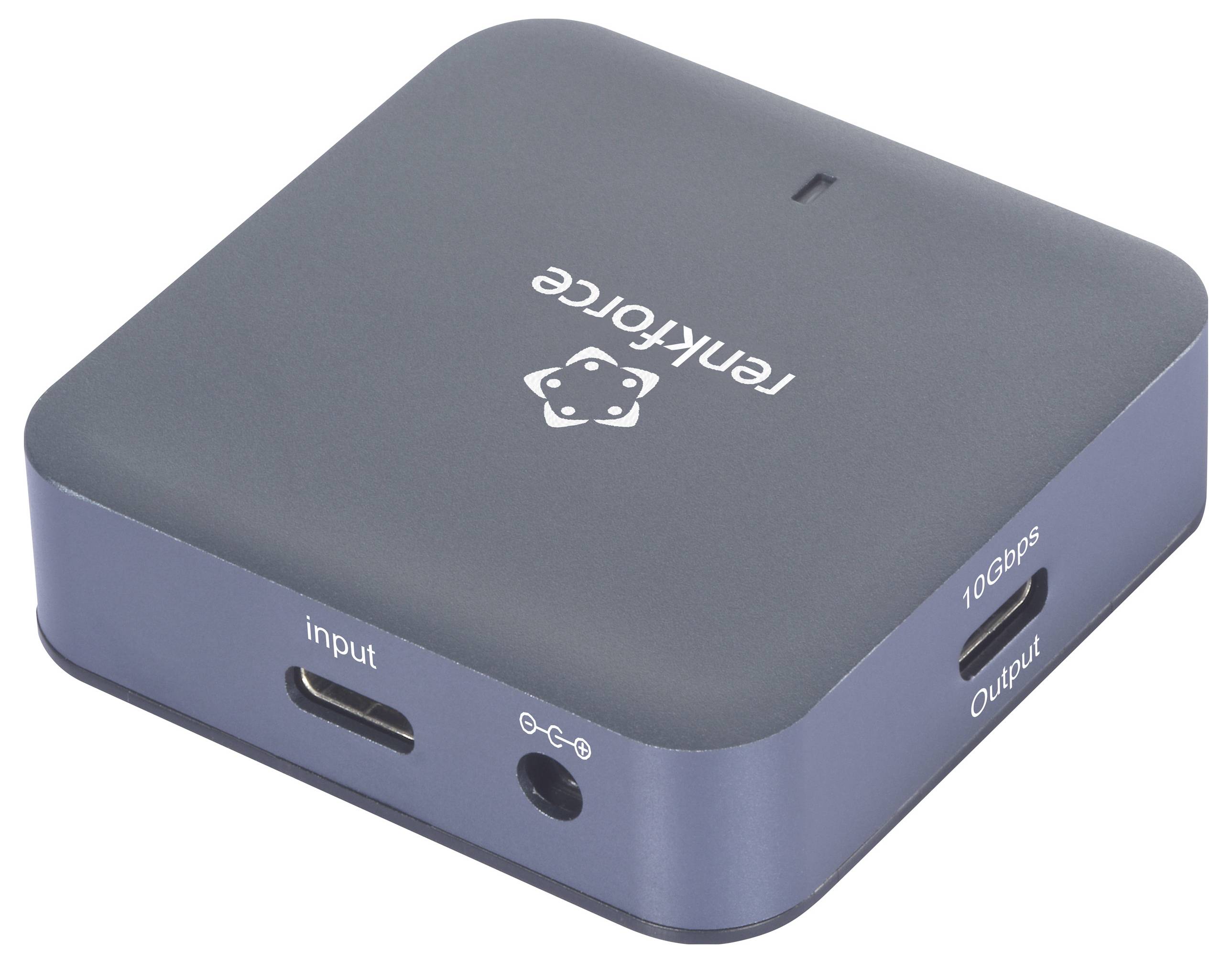 Ein quadratisches, schwarzes Gerät mit dem Logo 'renkforce' und Anschlüssen für Eingang und Ausgang, gekennzeichnet mit '10Gbps'.