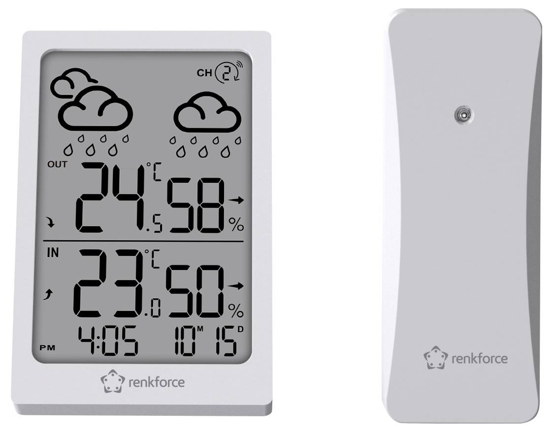 Digitales Thermometer-Display mit Innen- und Außentemperaturen, Luftfeuchtigkeit, Uhrzeit und Wettersymbolen für Regen und Wolken.