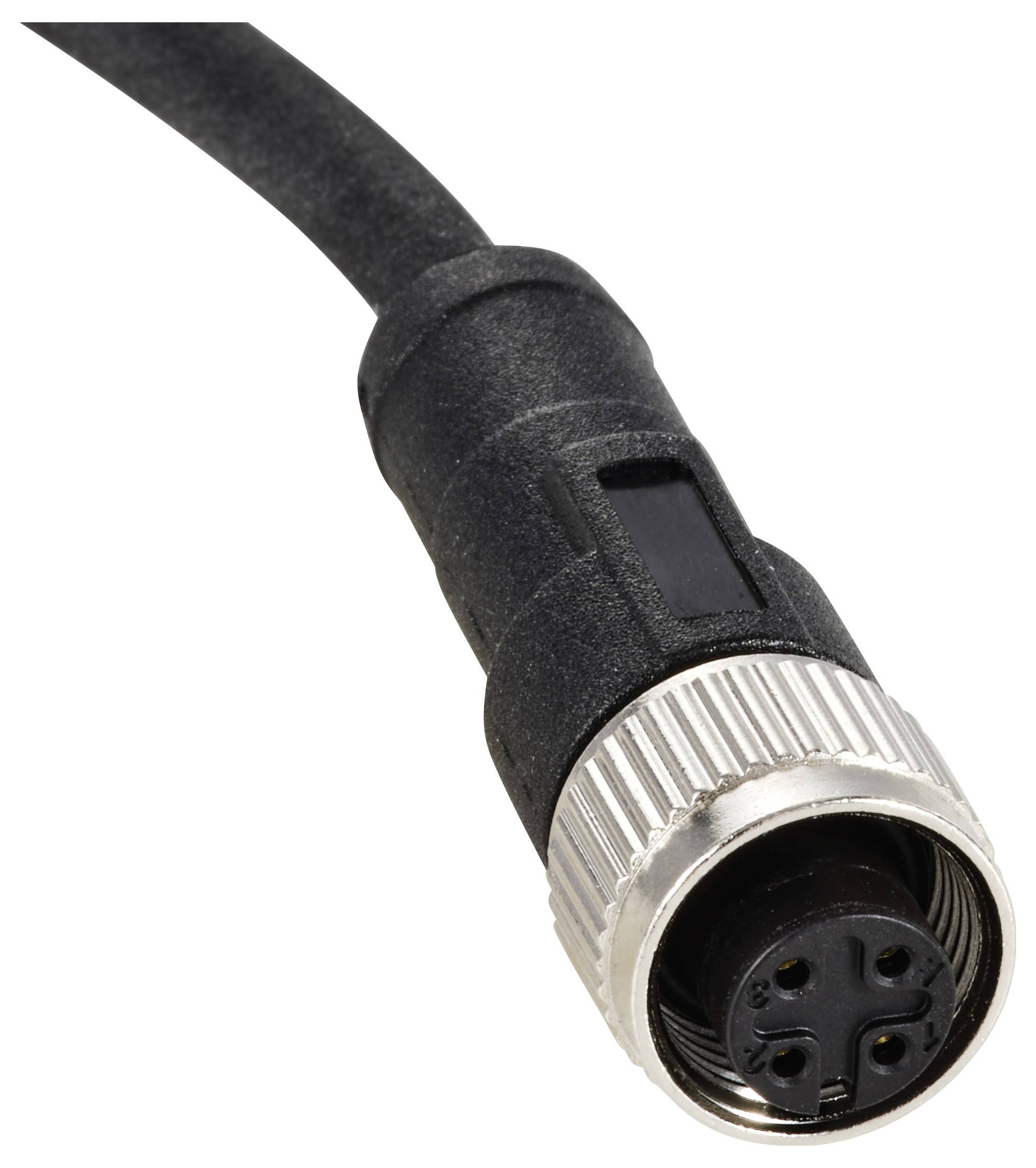 Ein schwarzer, zylindrischer Steckverbinder mit vier Pins am Ende eines Kabels, möglicherweise für elektronische Geräte.