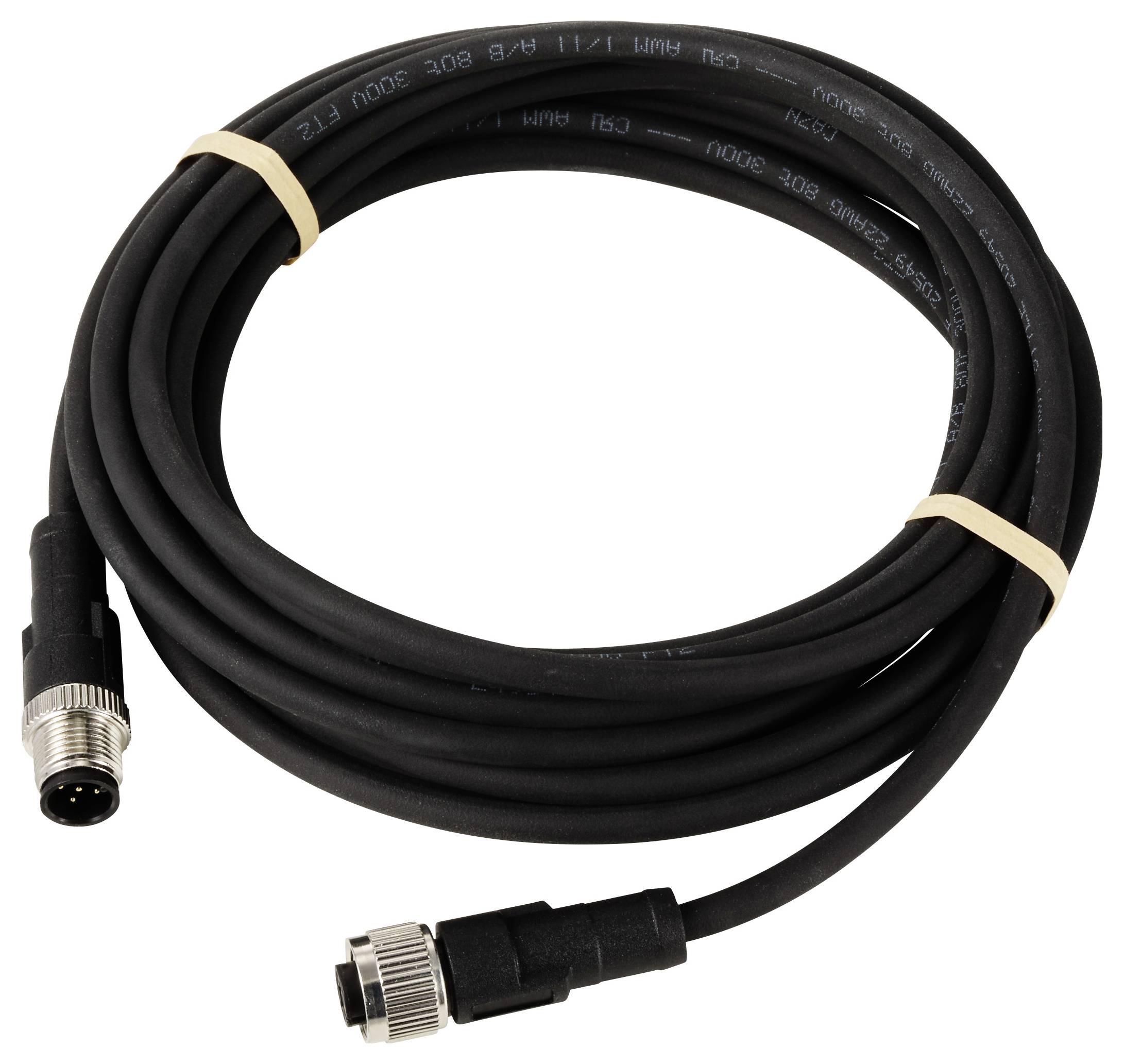 Ein schwarzes, aufgerolltes Kabel mit einem Stecker auf beiden Enden, geeignet für Verbindungen oder Stromversorgung.