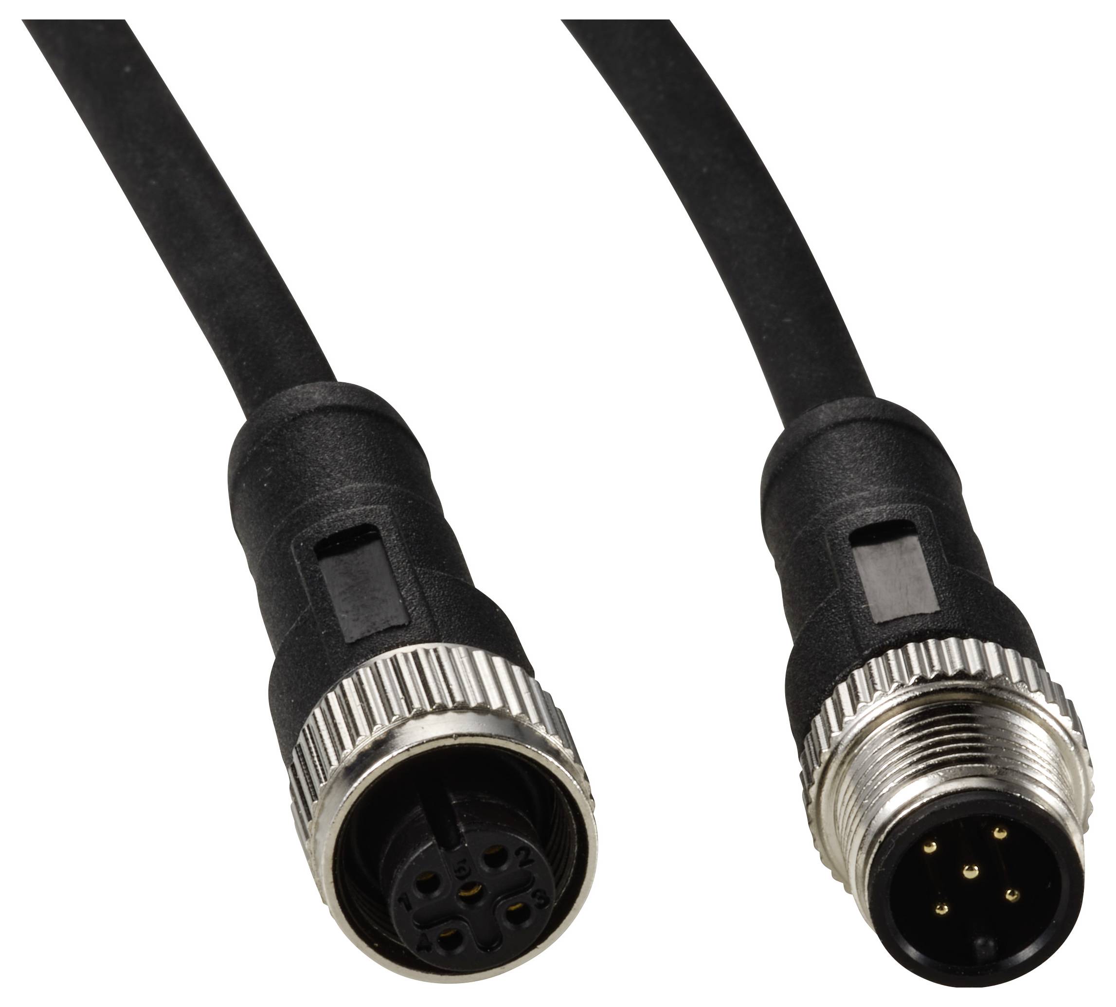 Schwarz-verkabelte M8-Steckverbinder; links der Buchsenstecker mit 4 Löchern, rechts der Stecker mit 4 Pins, silberne Ringe.