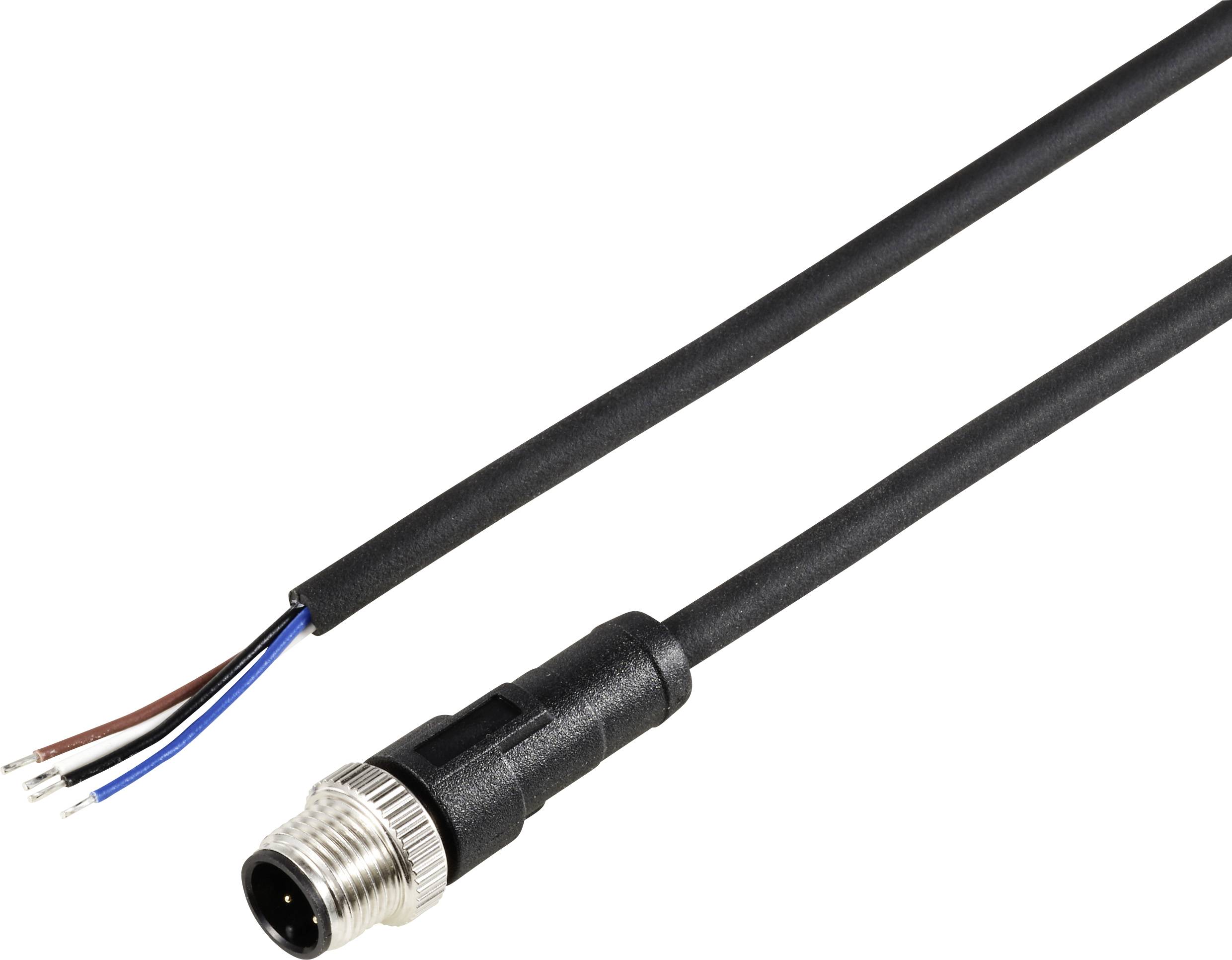 Schwarzes Kabel mit rundem Steckverbinder und vier blanken Adern, geeignet für industrielle Anwendungen oder elektronische Verbindungen.