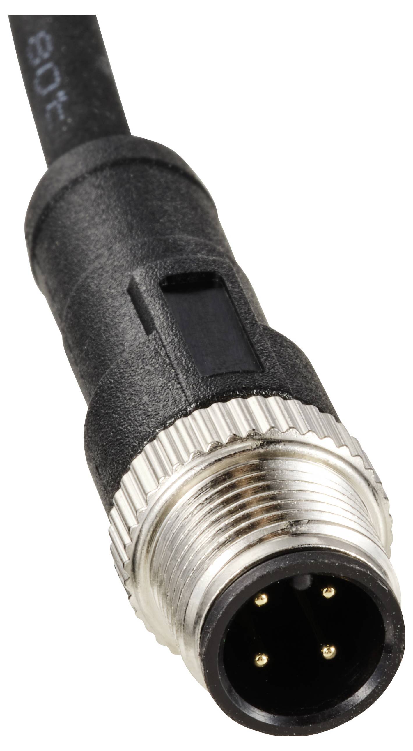 Schwarzer, runder Steckverbinder mit Metallgewinde und vier pins, geeignet für industrielle Anwendungen und robuste Verbindungen.
