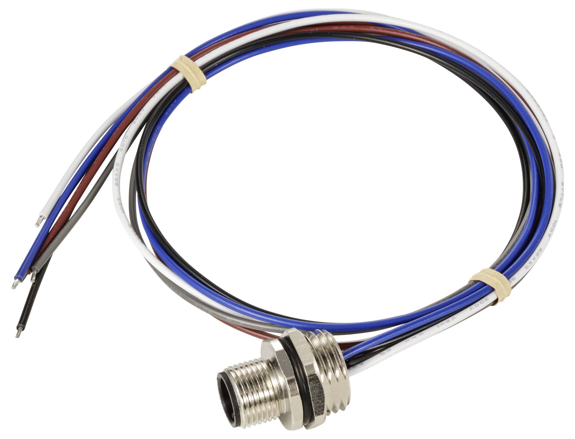 Ein Kabel mit mehreren farbigen Drähten, die in einem Metallstecker enden. Der Stecker hat ein Gewinde zur Befestigung.