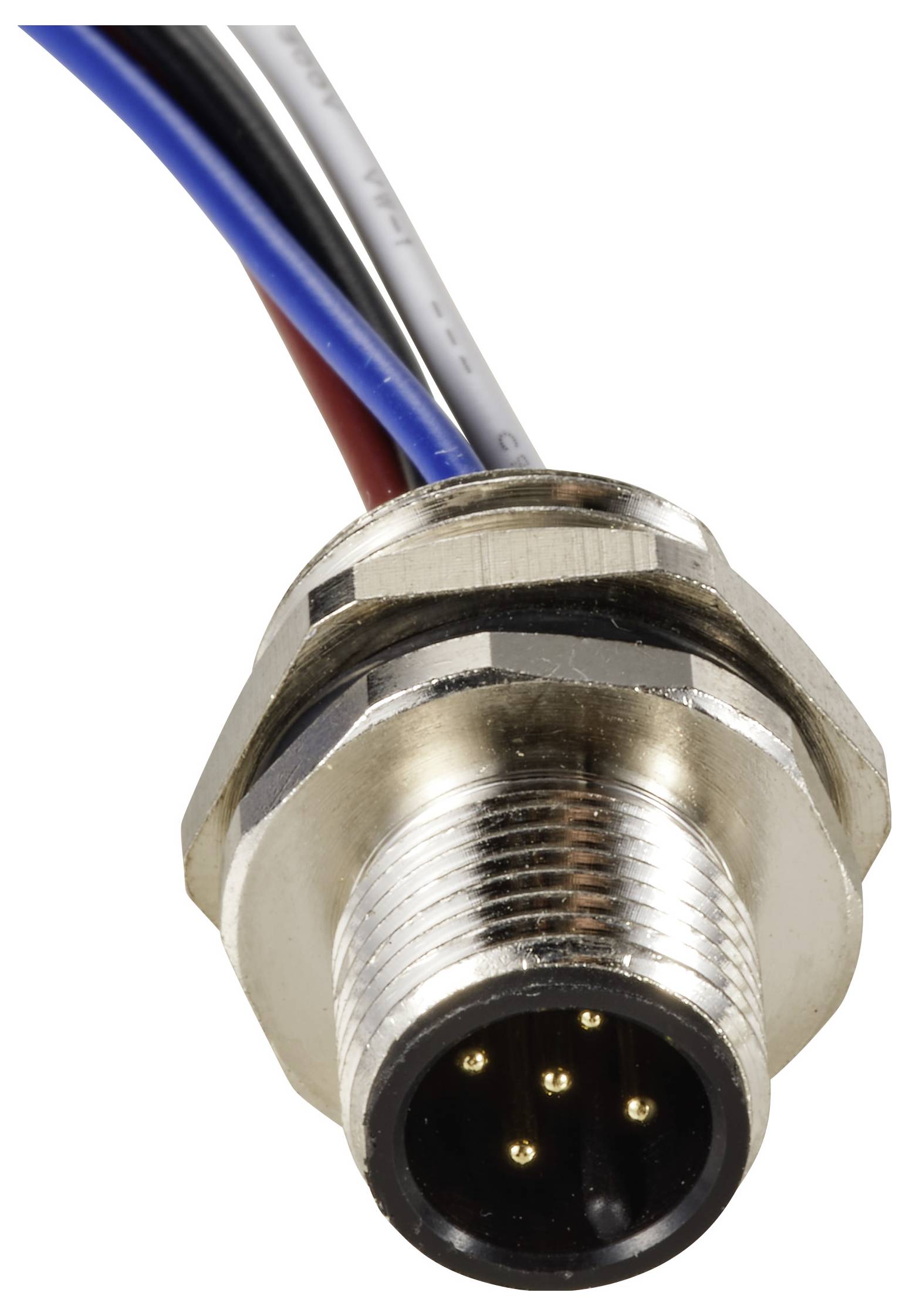 Ein Metallstecker mit vier sichtbaren Buchsen und mehreren farbigen Kabeln, die von der Rückseite herausragen.