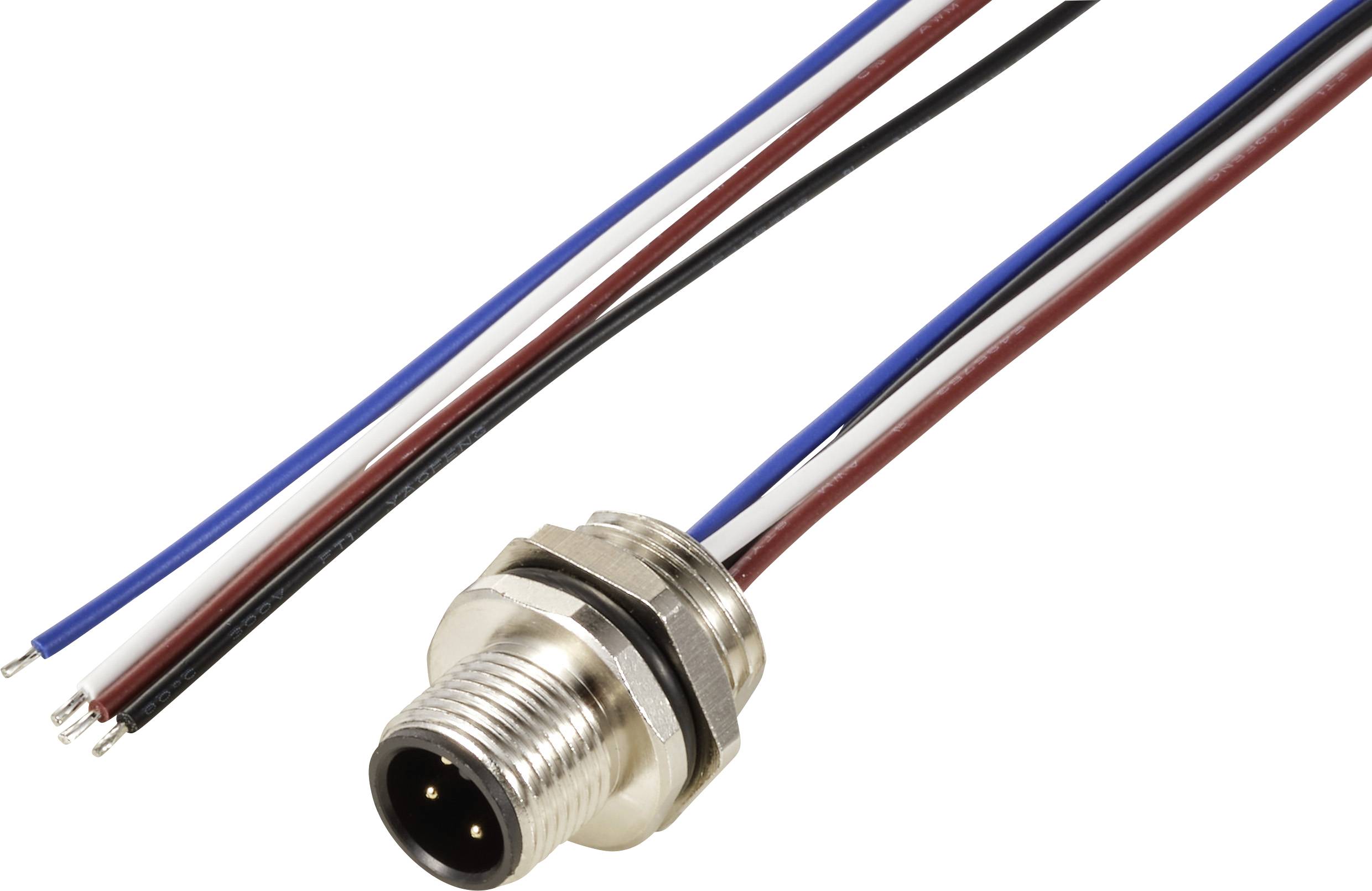 Ein vierpoliger M8-Stecker mit farbigen Kabeln (weiß, blau, rot, schwarz) für industrielle Anwendungen, robustes Metallgehäuse.