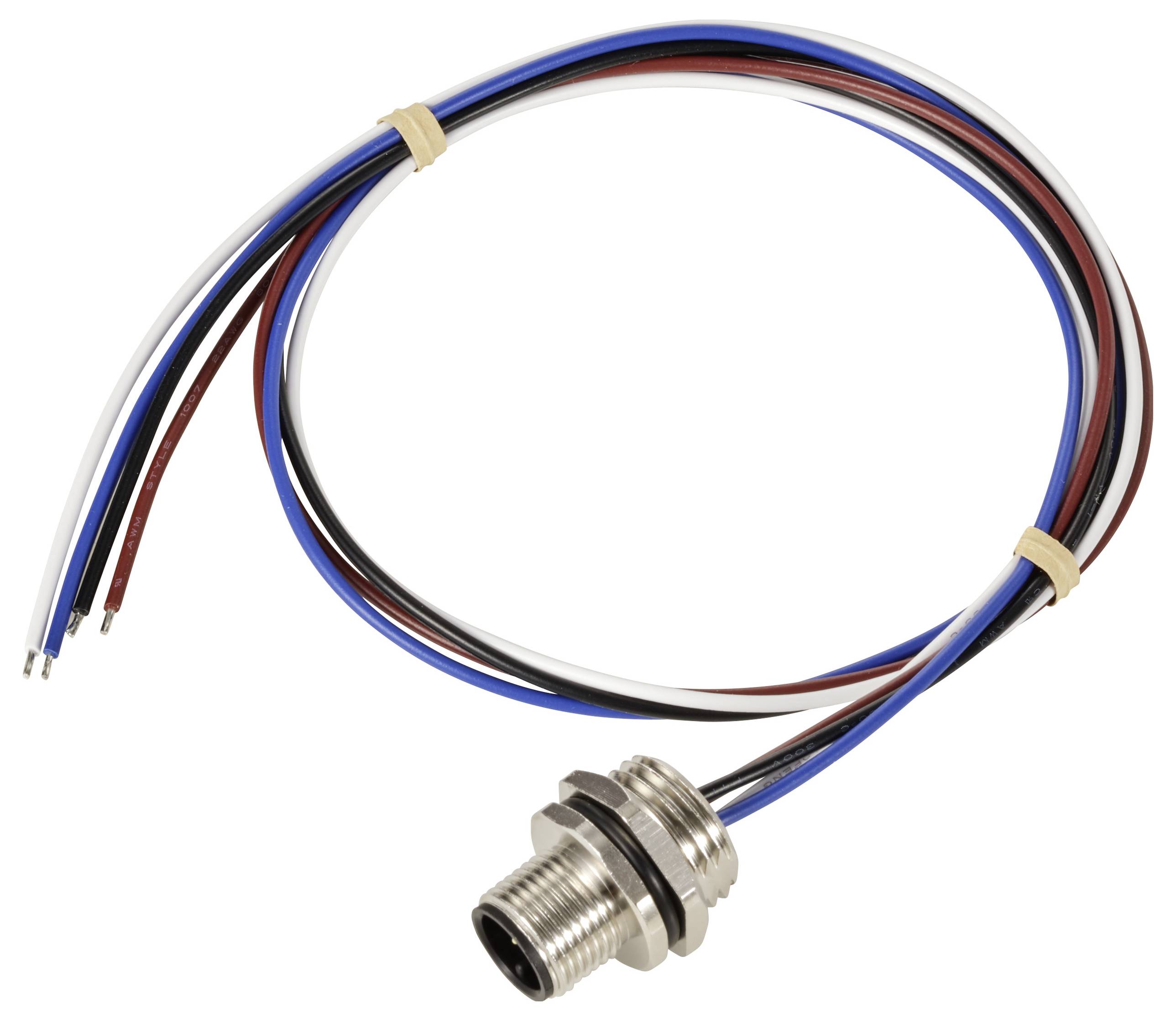 Runder Steckverbinder mit vier farbigen Kabeln (rot, blau, schwarz, weiß), innen aus Metall, außen Kunststoff, mit Befestigung.