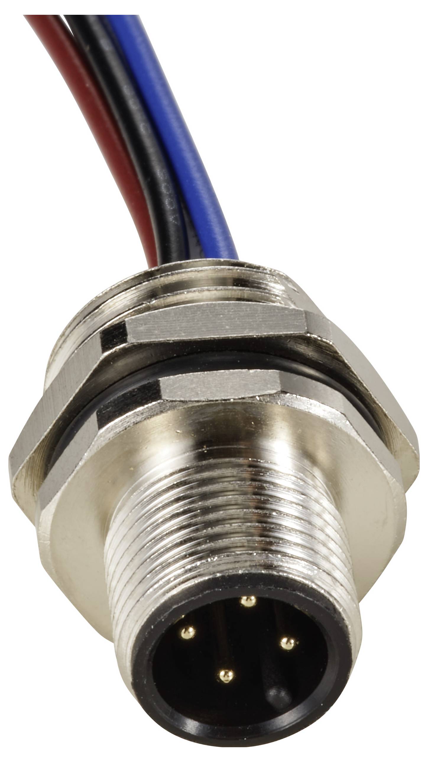 Ein zylindrischer, metallischer Stecker mit drei sichtbaren Pins und rot, blau, schwarzen Kabeln. Möglicherweise für elektronische Verbindungen.