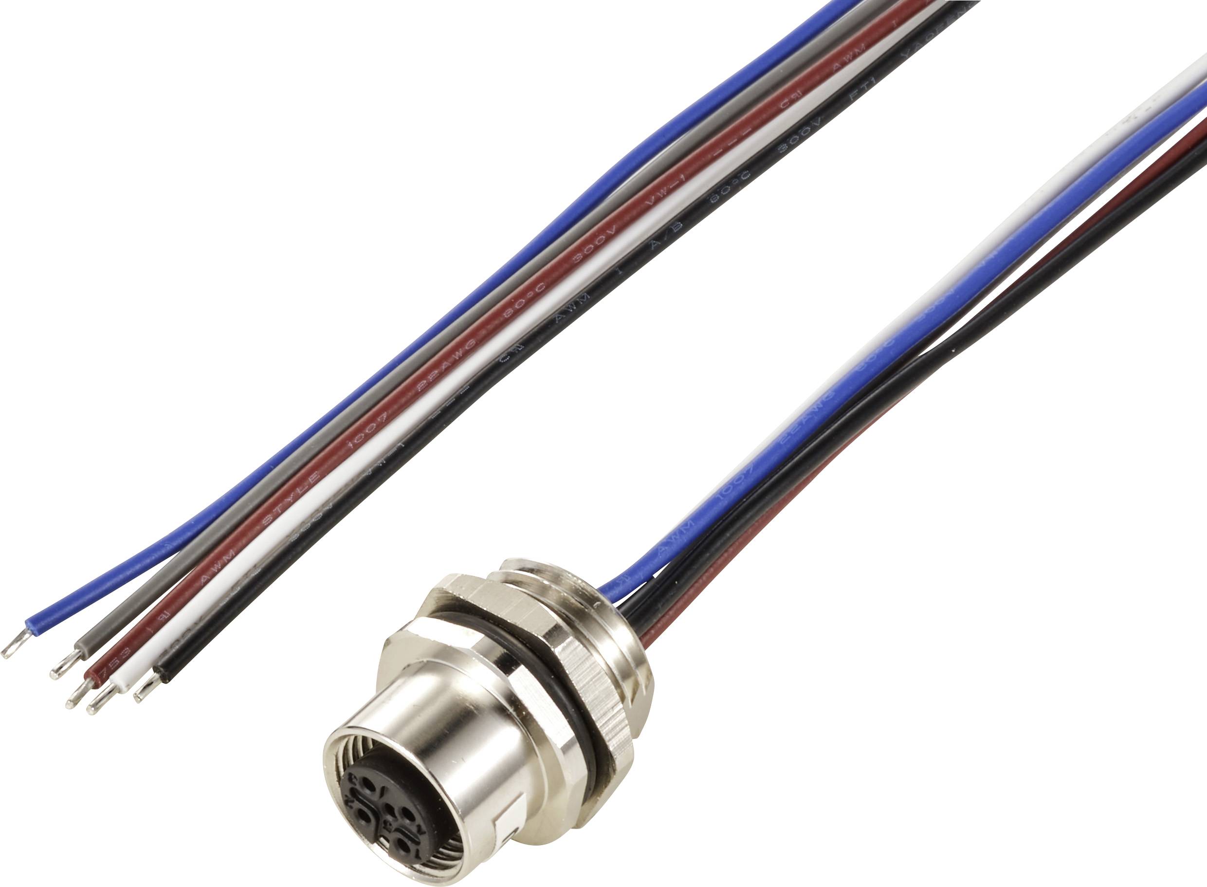 Metallstecker mit fünf farbigen Drähten: blau, rot, schwarz, weiß, braun. Elektronisches Bauteil zur Kabelverbindung.