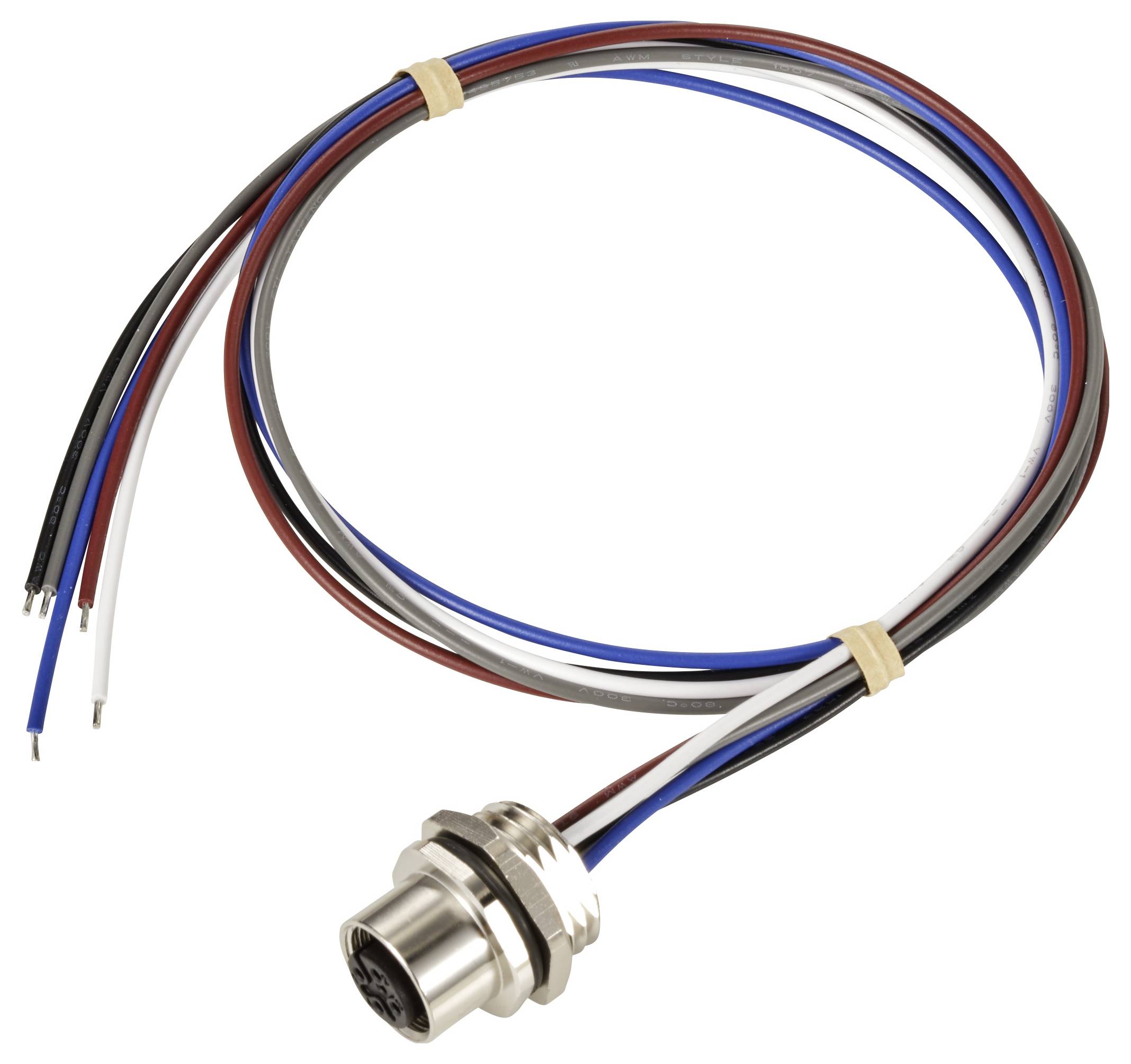 Runder elektronischer Stecker mit mehreren bunten Kabeln. Der Stecker hat ein Metallgewinde am Ende für die Befestigung.
