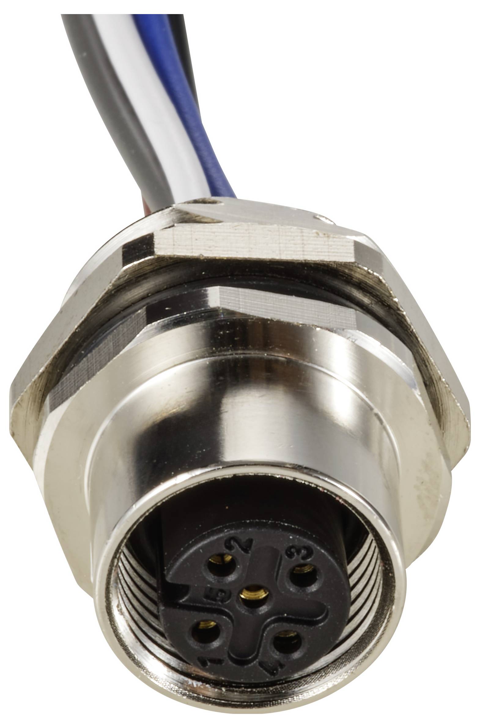 M12-Steckverbinder mit Kabel, zeigt Vorderansicht mit sichtbaren Pins und Kabel, hauptsächlich für industrielle Anwendungen verwendet.