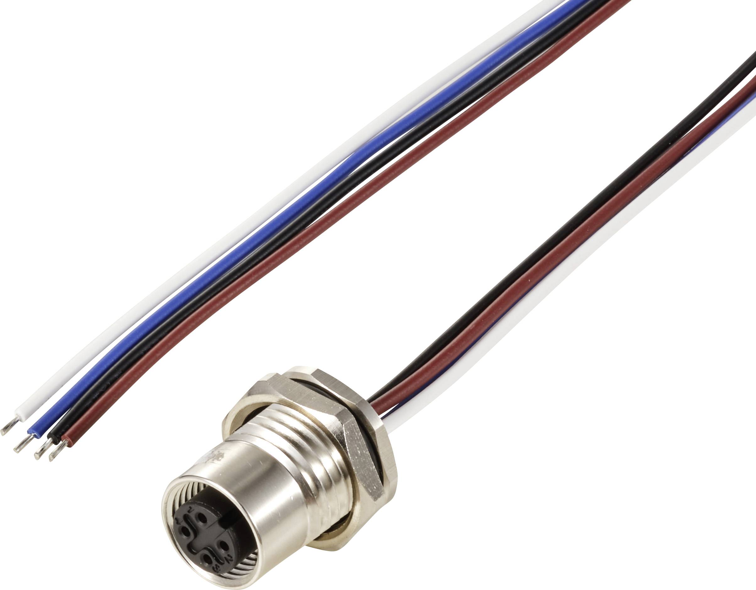 Ein M12-Steckverbinder mit einem Metallgewinde und mehreren farbigen Kabeln zur elektrischen Verbindung von Geräten.