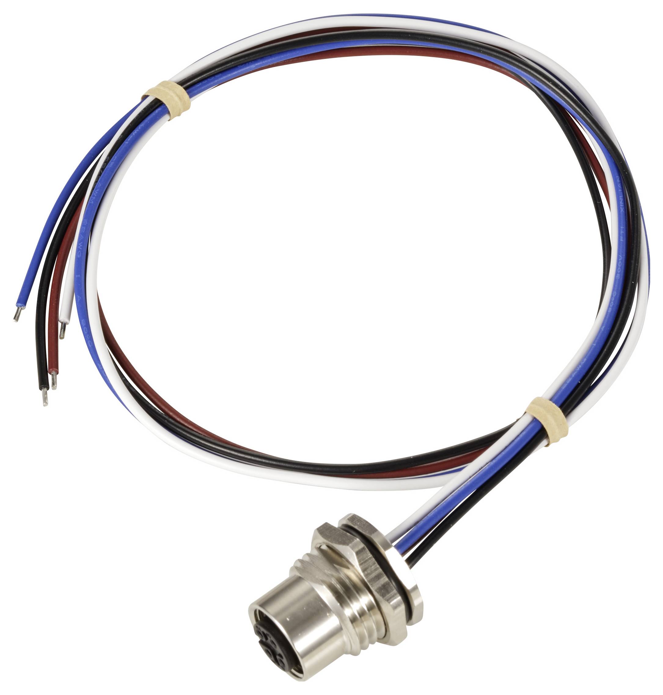 Ein rundes, metallisches Steckverbinder mit fünf Drahtanschlüssen in verschiedenen Farben (schwarz, blau, rot, weiß), die herausschauen.