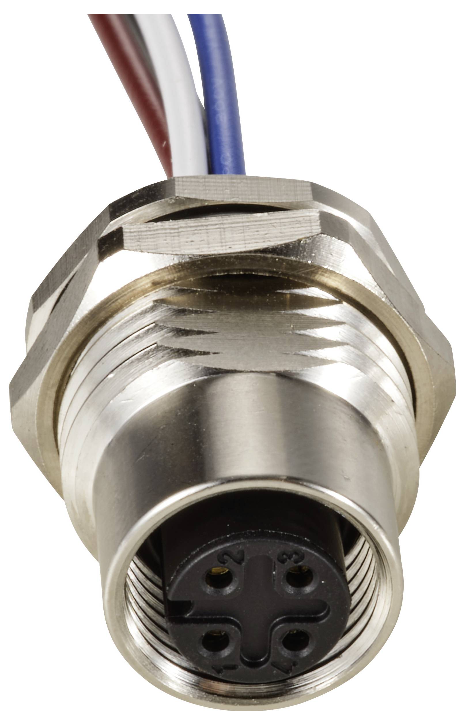 Ein silberner Rundsteckverbinder mit mehreren farbigen Kabeln (rot, weiß, blau) verbunden, gezeigt von oben.