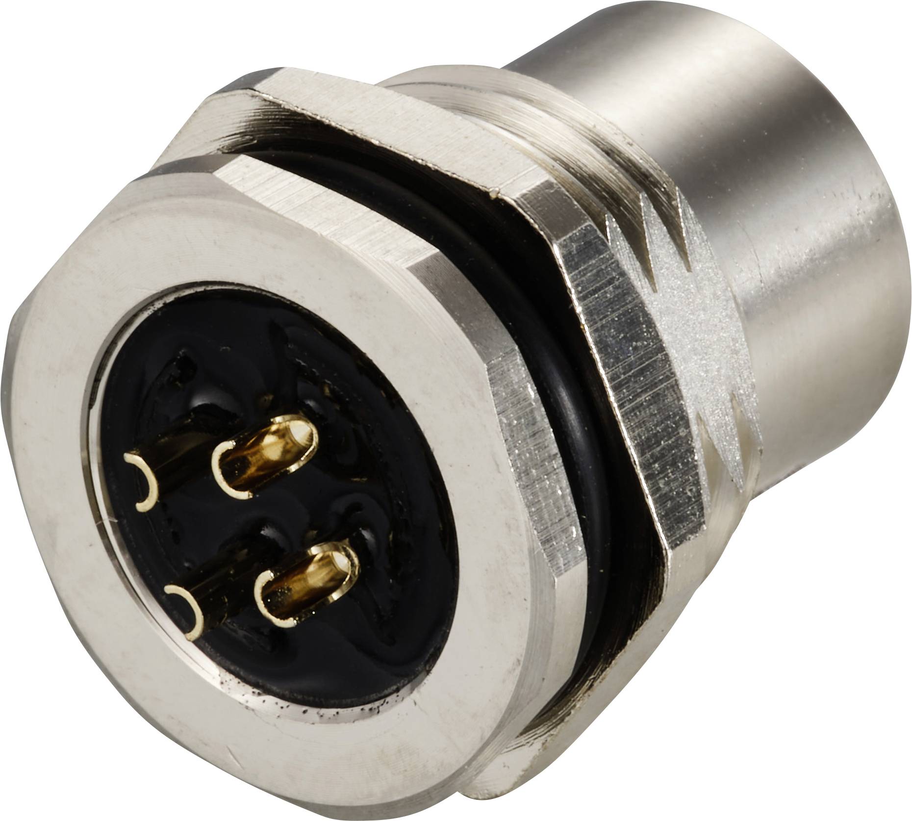 Dreipoliger elektrischer Steckverbinder mit Metallgehäuse und schwarzem Isolator, geeignet für industrielle Anwendungen.