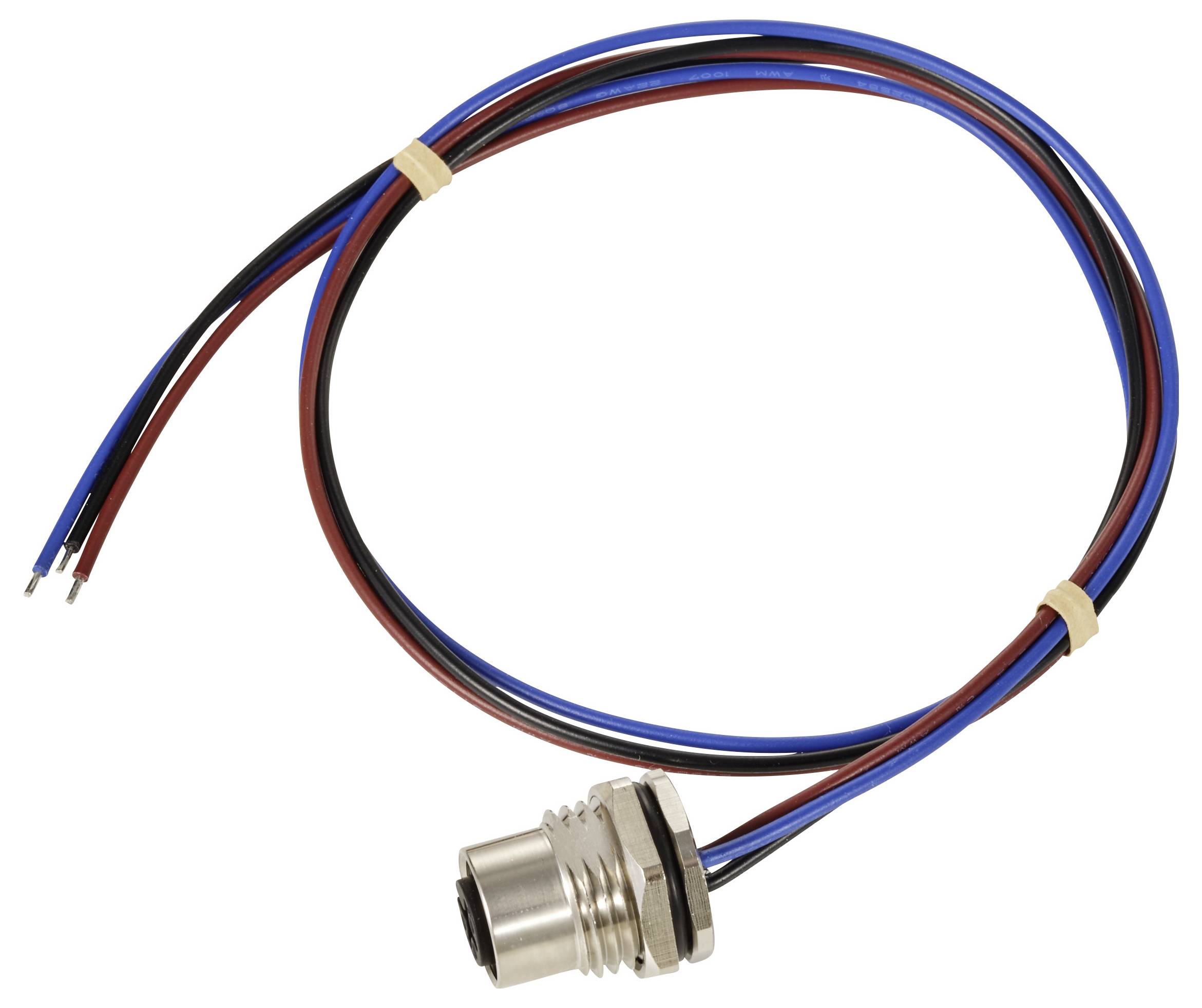 Metall-Stecker mit drei farbigen Kabeln: rot, blau und schwarz. Kabelenden sind offen und durch zwei Kabelbinder fixiert.