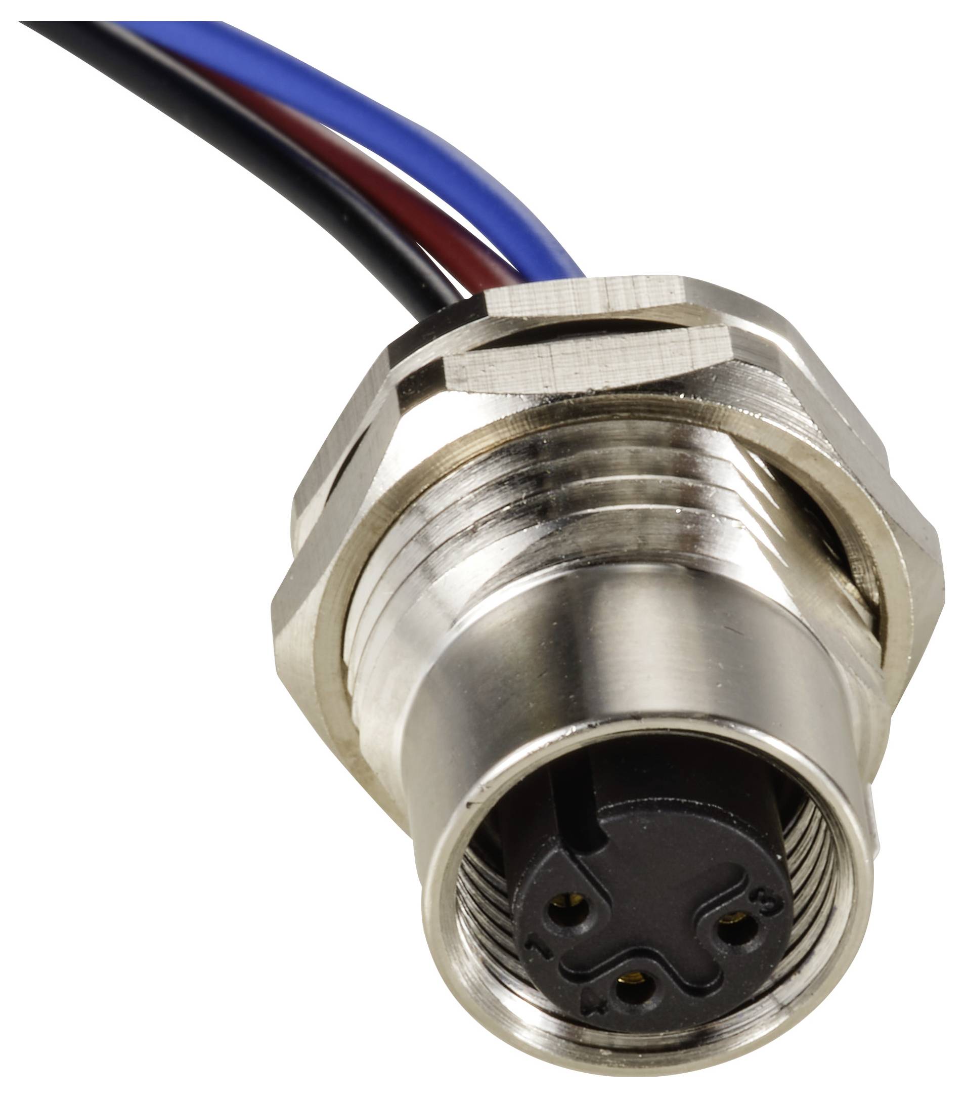 Stecker mit Metallgehäuse und vier Steckplätzen; daran befestigt sind rote, blaue und schwarze Drähte.