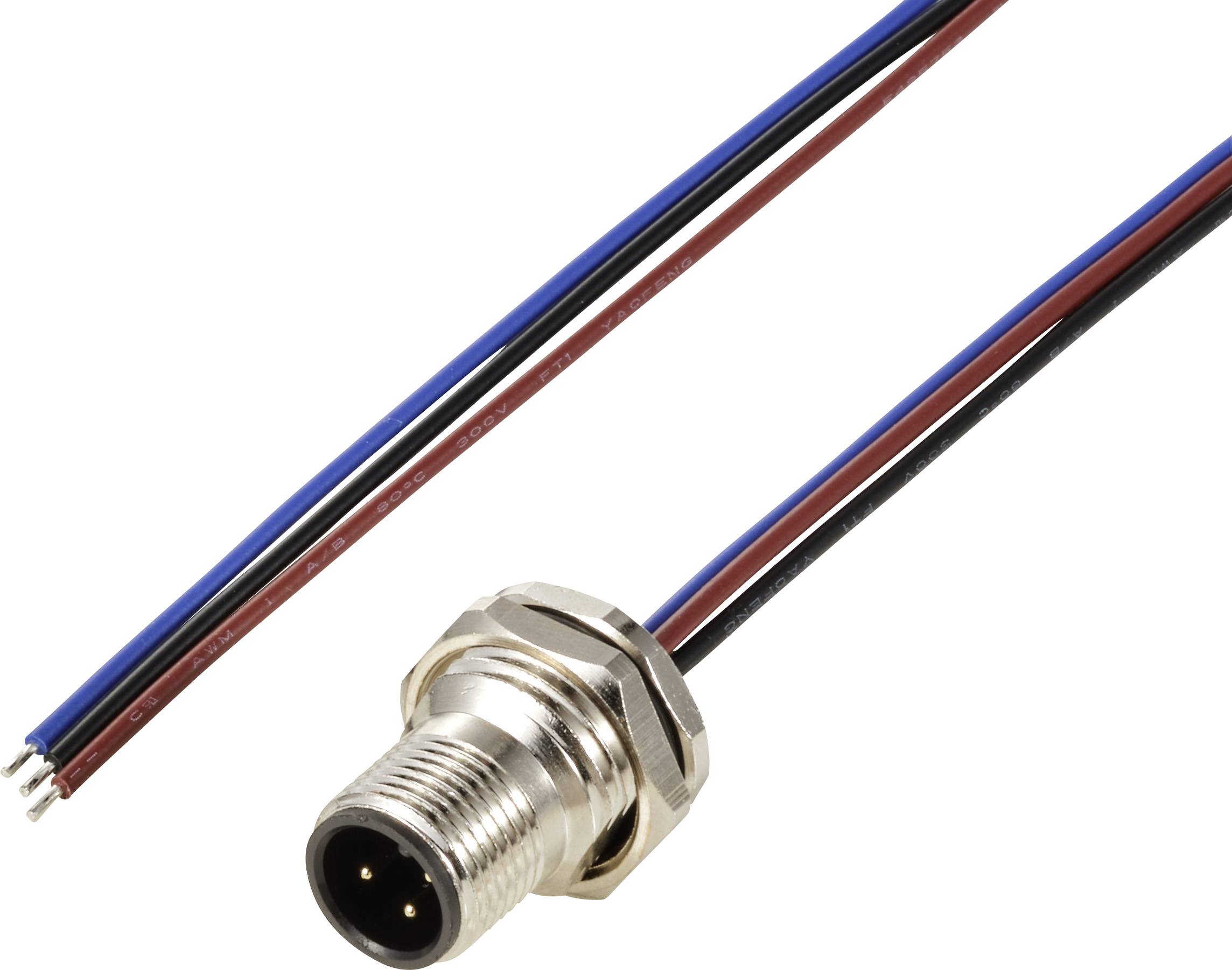 Ein Metallstecker mit drei Drähten in den Farben Blau, Schwarz und Rot, die für elektrische Verbindungen verwendet werden.