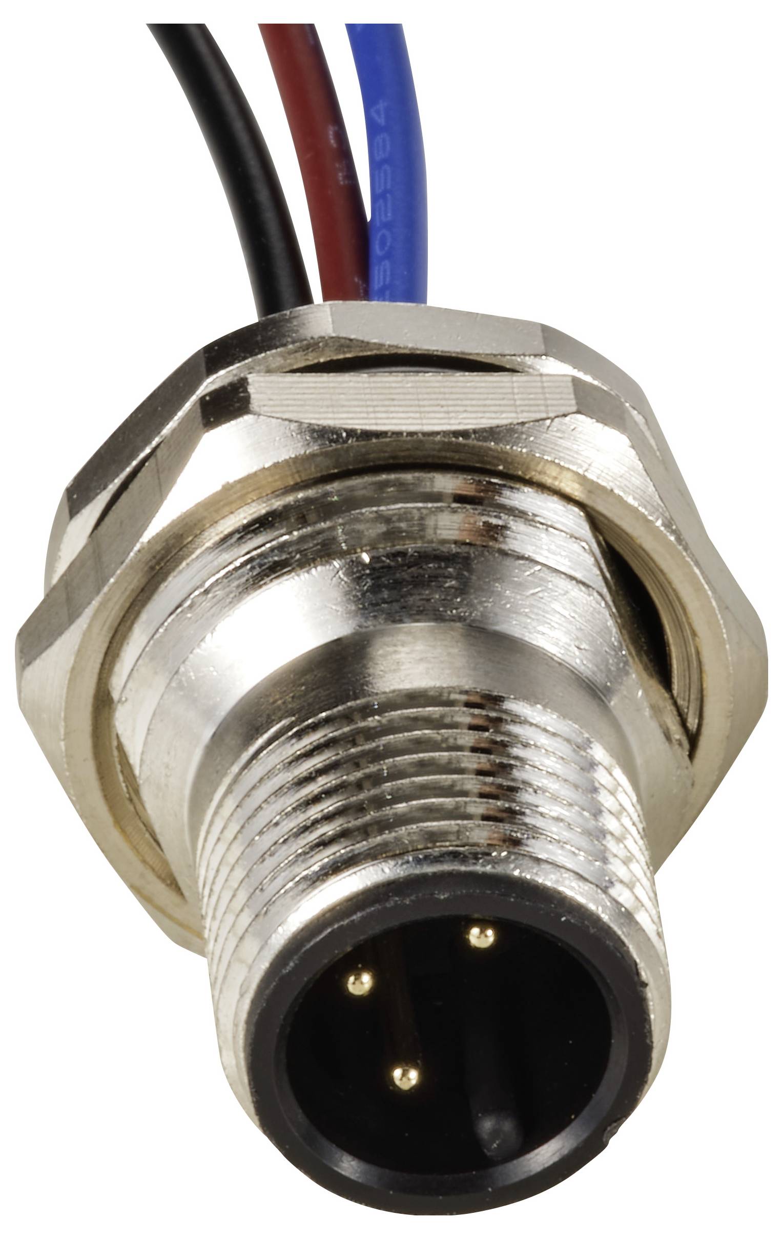 Metallischer Rundstecker mit drei Pins, blauem und rotem Kabel daran befestigt.