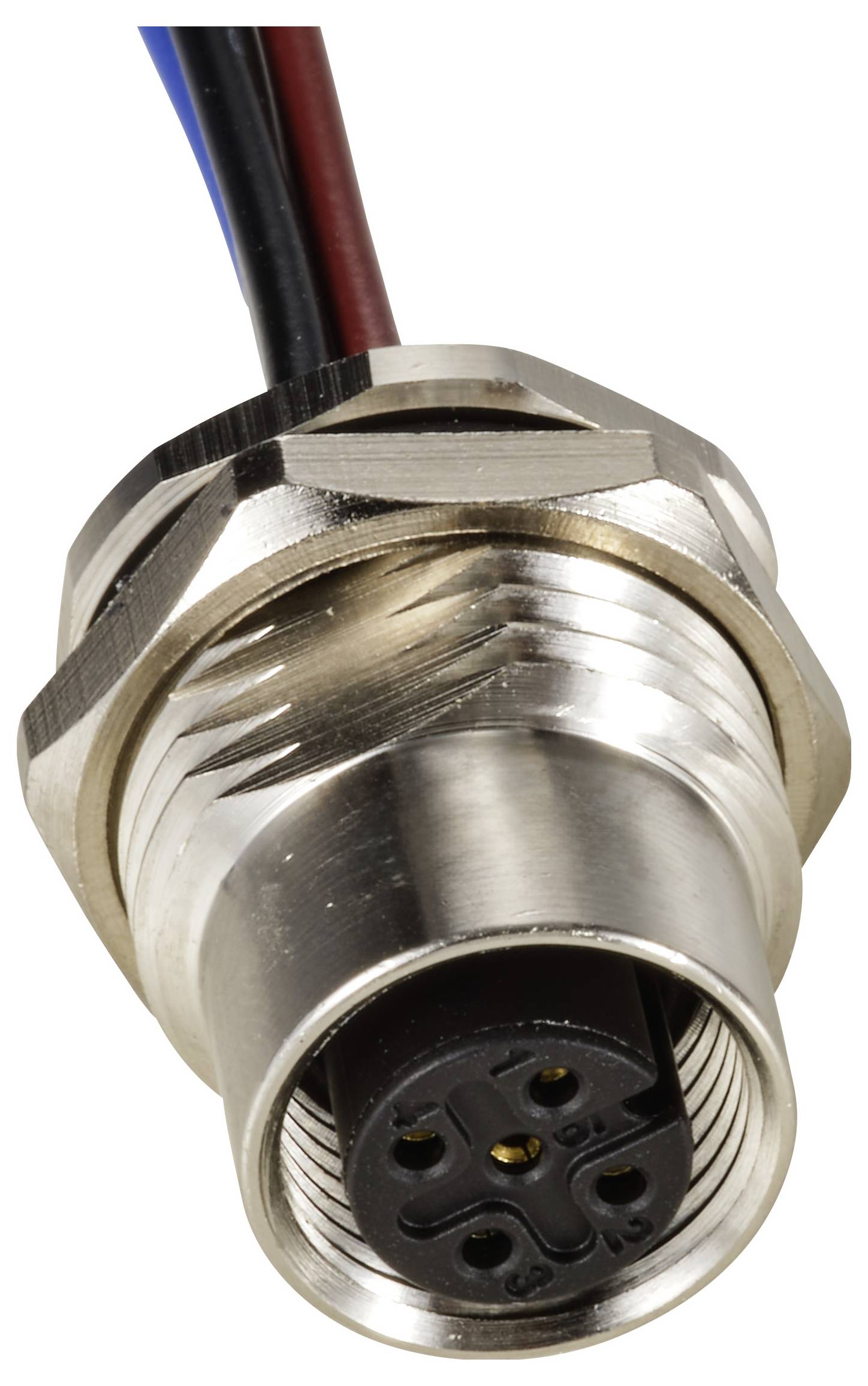 Metallischer elektrischer Steckverbinder mit mehreren Drähten und einem runden Stecker. Geeignet für industrielle Anwendungen.