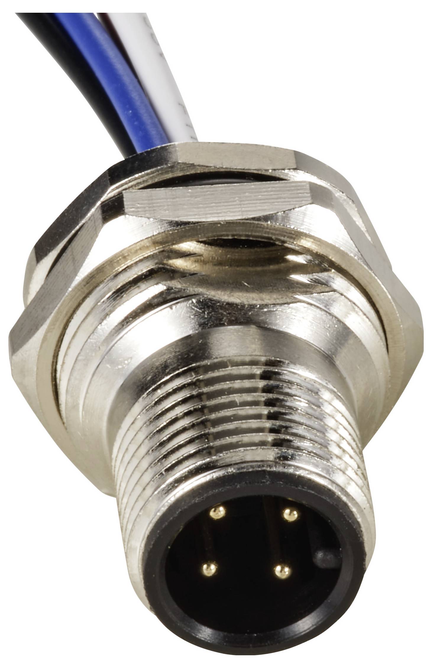 Ein dreipoliger M12-Stecker mit einem Metallgewinde und mehreren angeschlossenen Kabeln in den Farben Blau, Weiß und Schwarz.