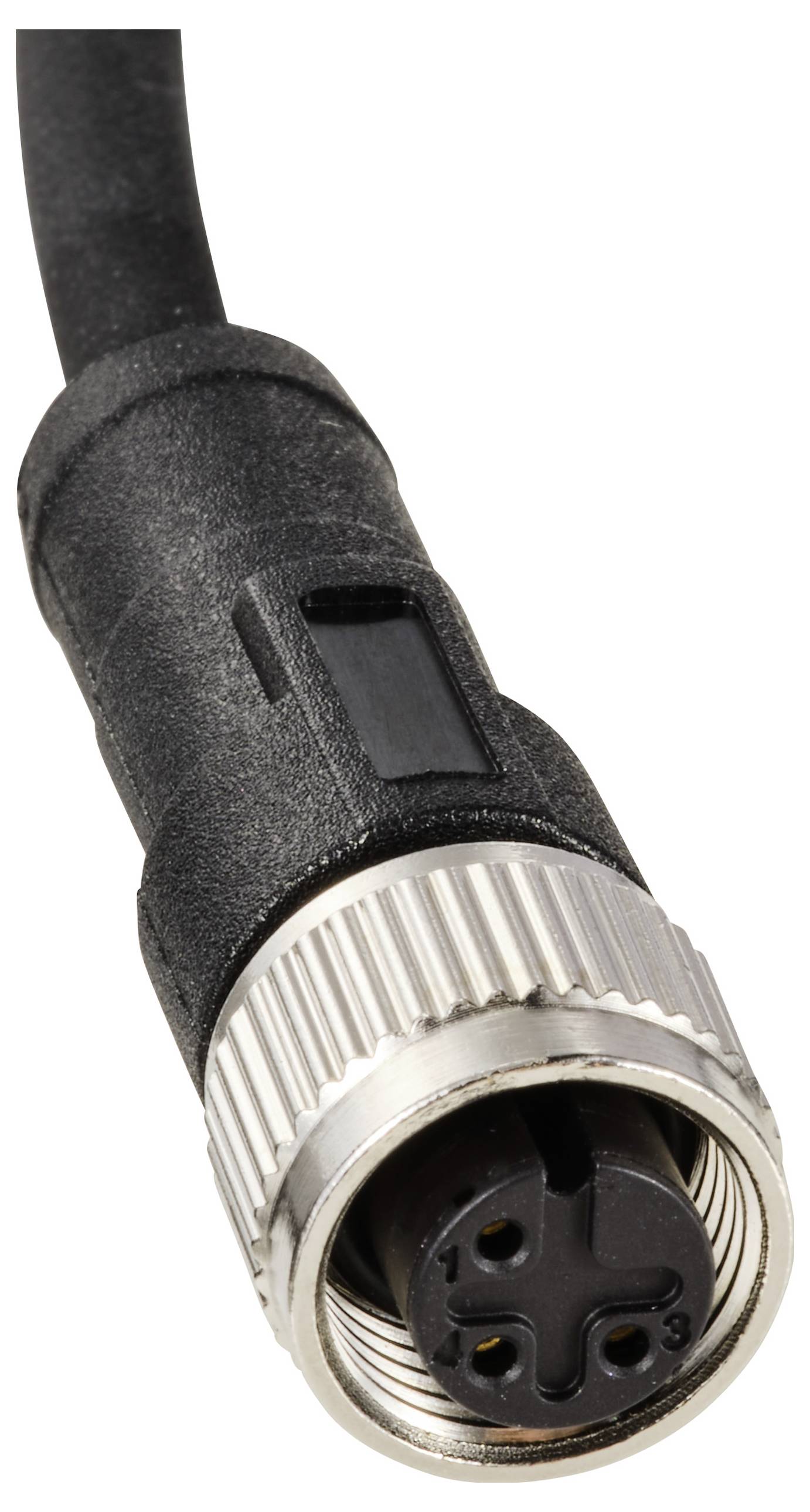Nahaufnahme eines schwarzen Steckers mit Metallgewinde und drei Anschlüssen, verwendet für technische Verbindungen.