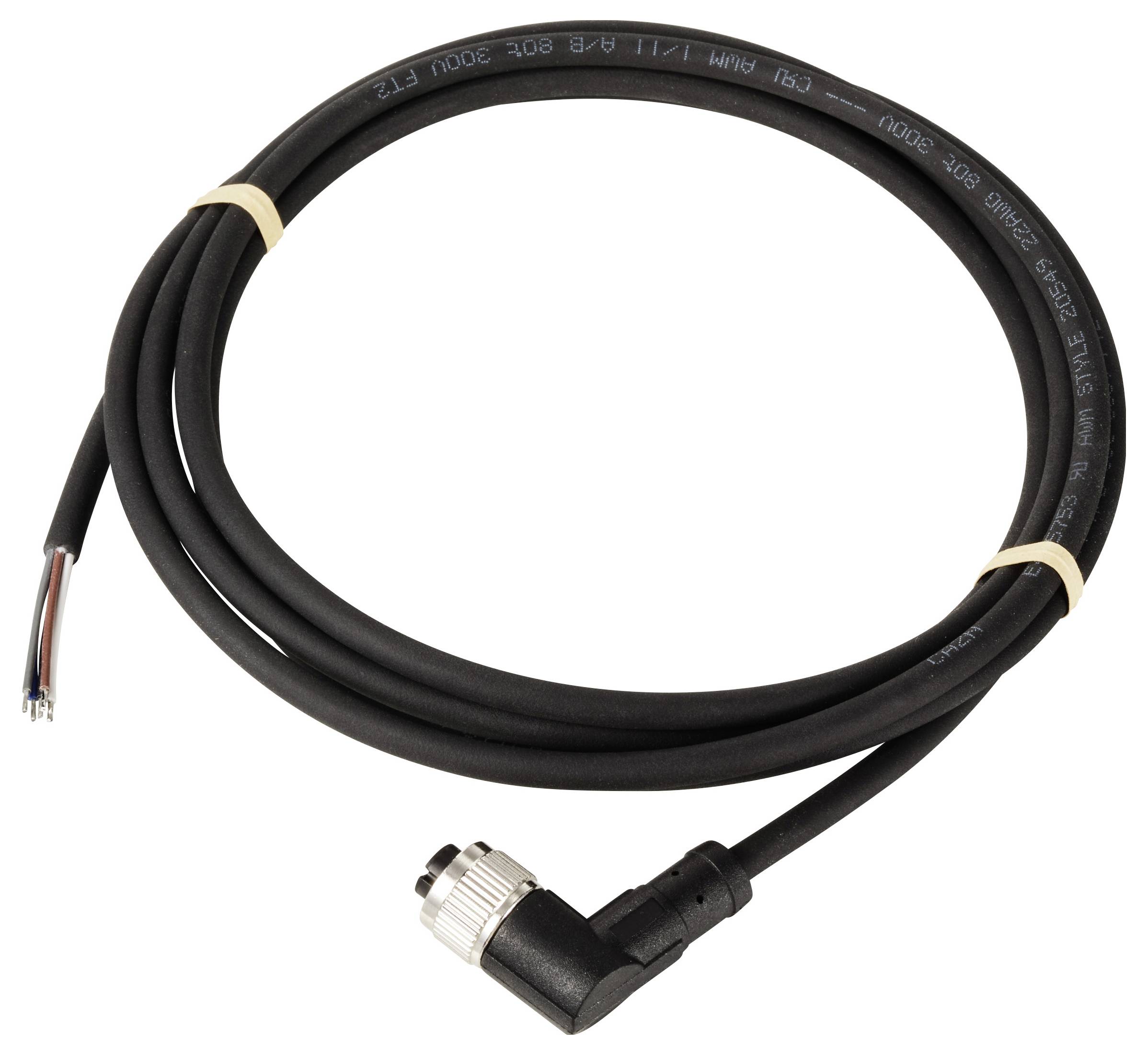 Ein schwarzes Kabel mit abgewinkeltem Stecker an einem Ende und offenen Drahtenden am anderen. Es ist mit einem Gummi befestigt.