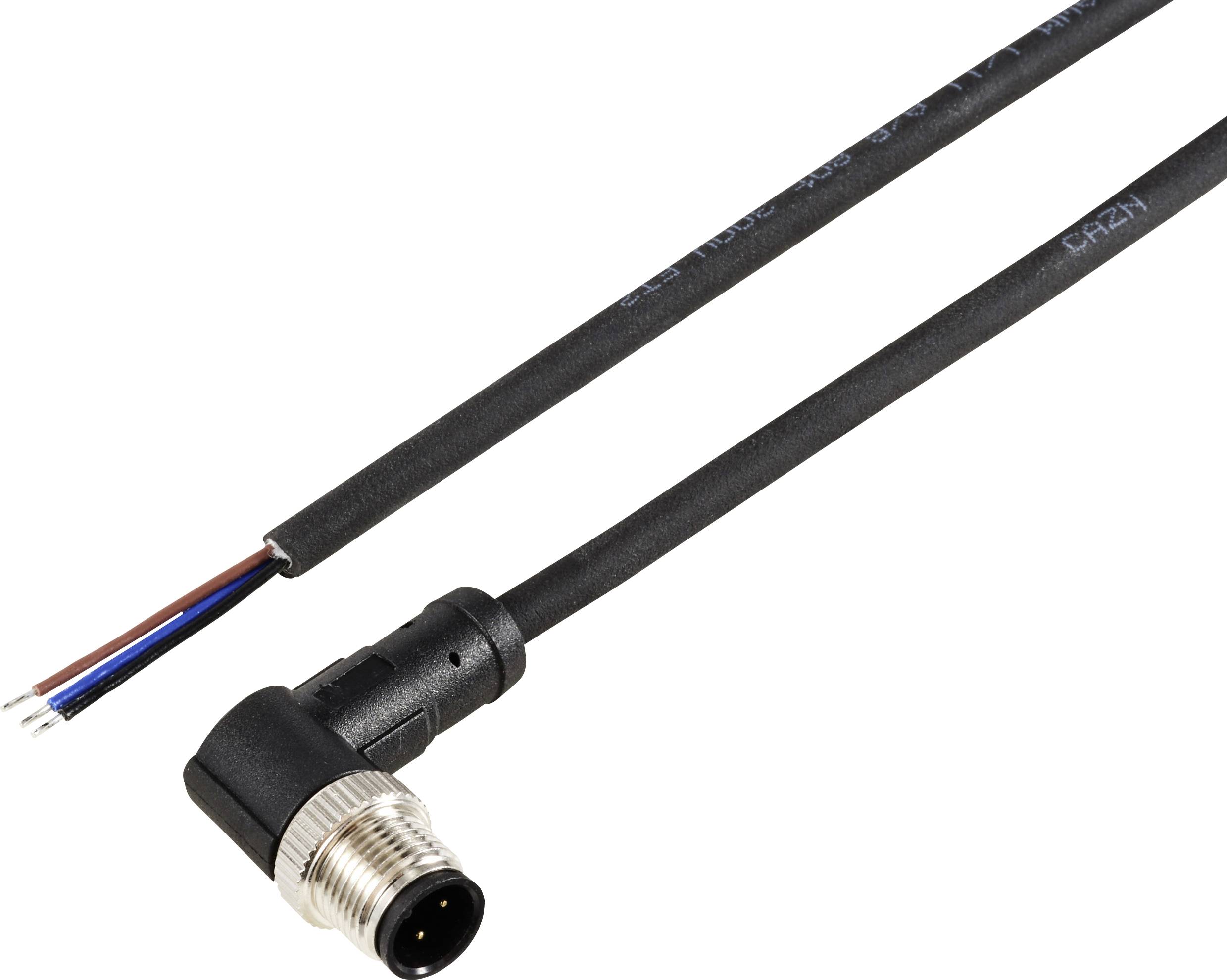 Ein gewinkelter M8-Steckverbinder mit offenem Kabelende, geeignet für elektrische Verbindungen in industriellen Anwendungen.