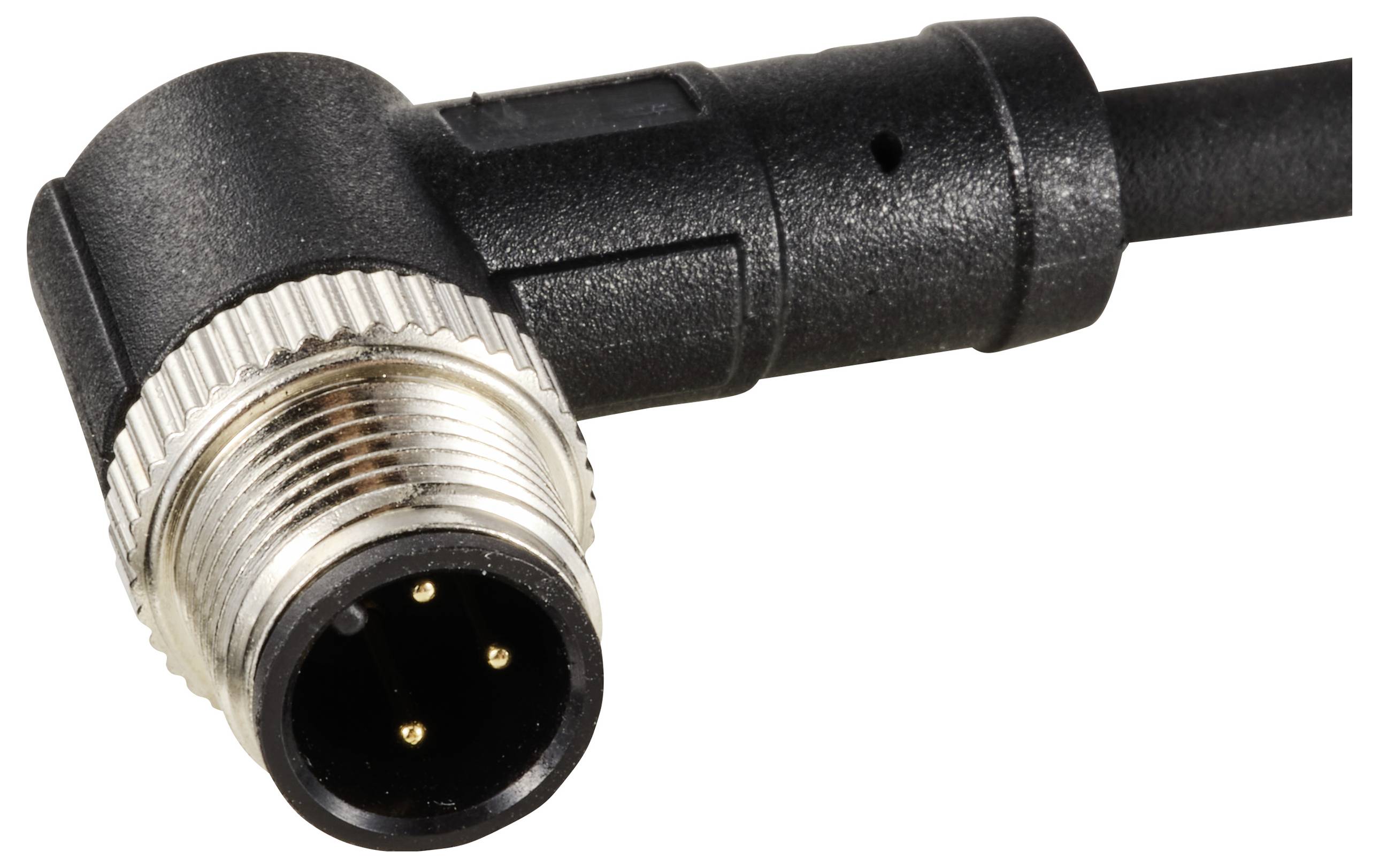 Ein schwarzer, rechtwinkliger Stecker mit drei Metallstiften. Geeignet für die Verbindung mit elektronischen Geräten.