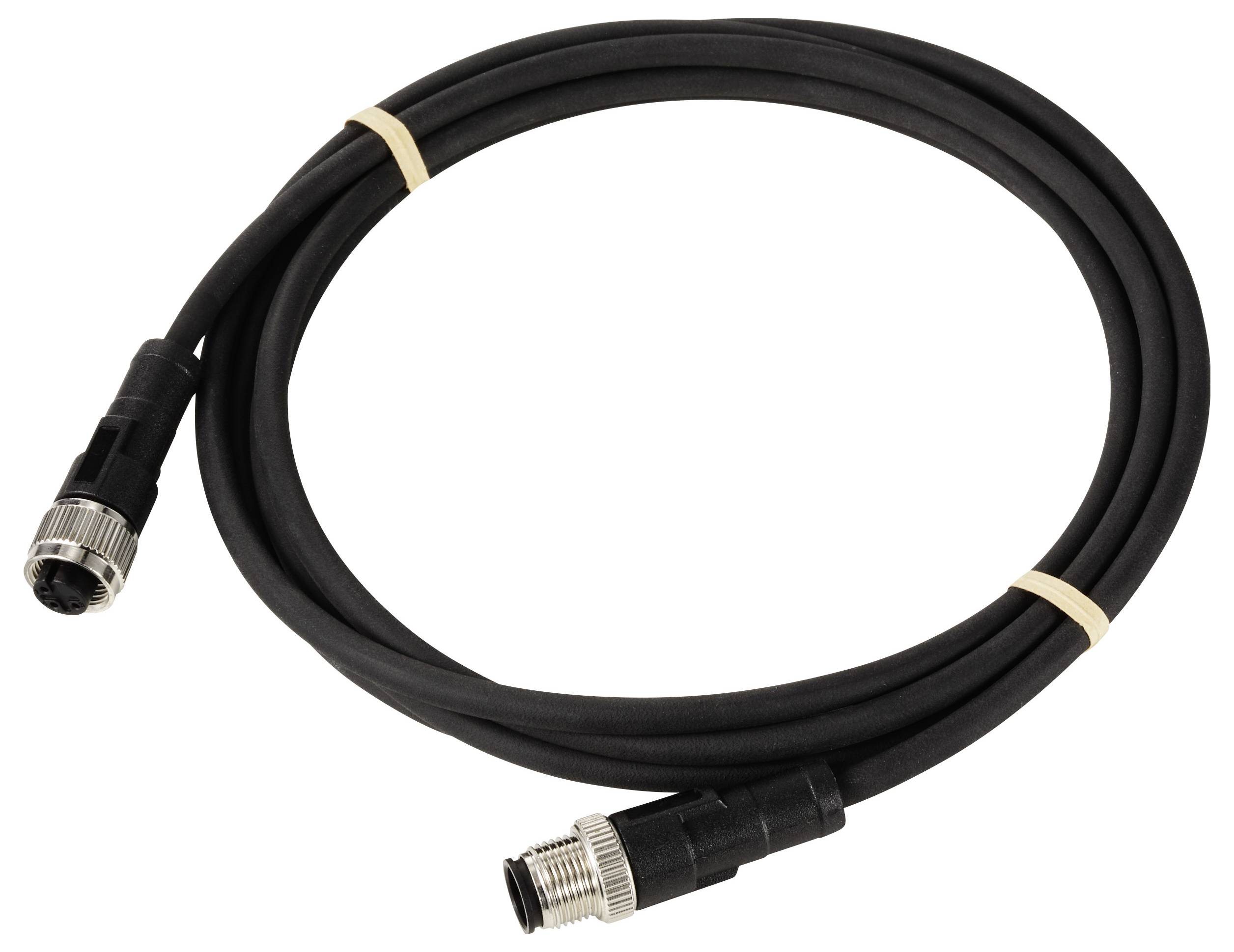 Ein schwarzes Verbindungskabel mit Steckern an beiden Enden. Geeignet für elektrische Geräte oder Netzwerke. Keine Markierungen sichtbar.