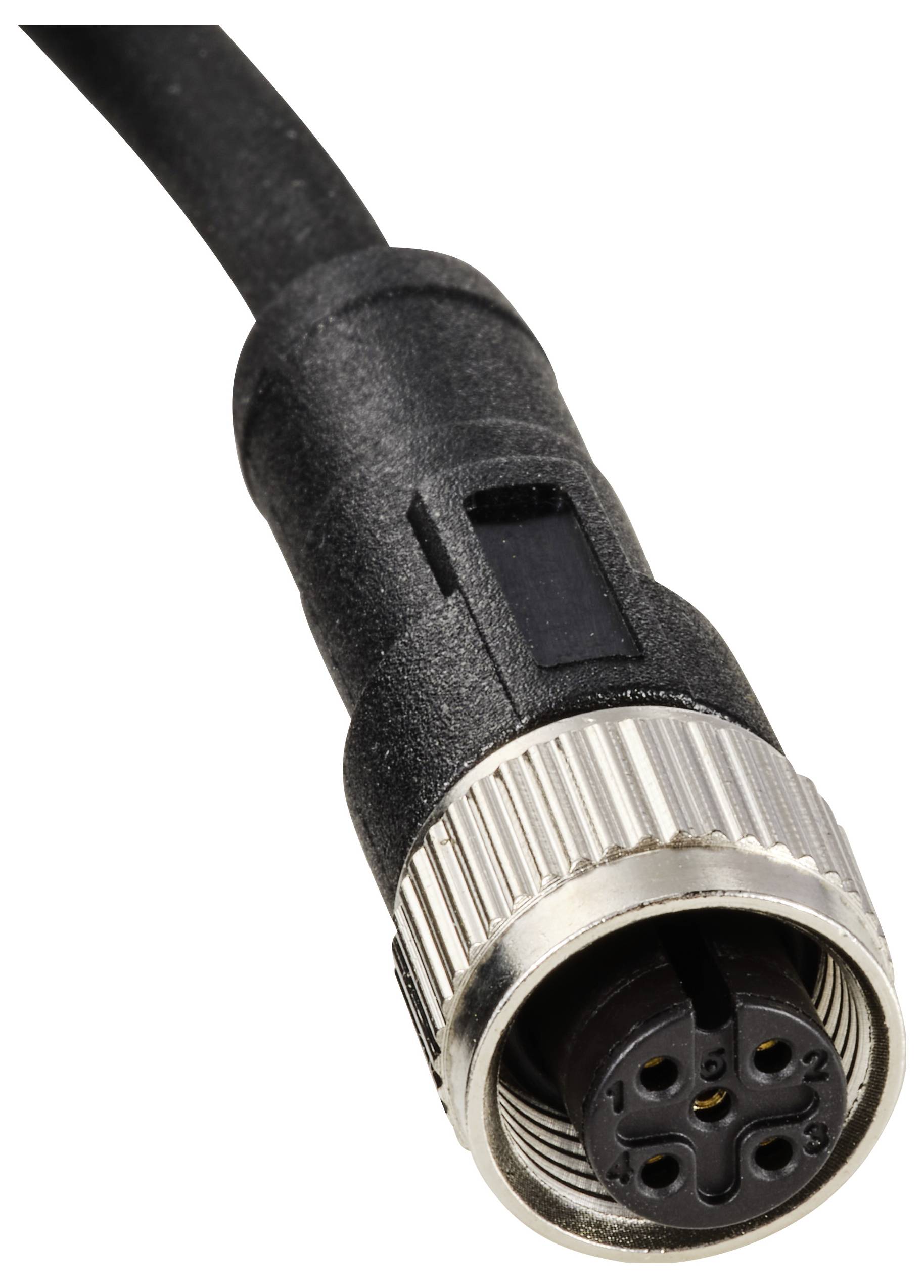 Ein schwarzer Kabelstecker mit einem silbernen Metallring und mehreren Steckplätzen am Ende, für elektrische Verbindungen.