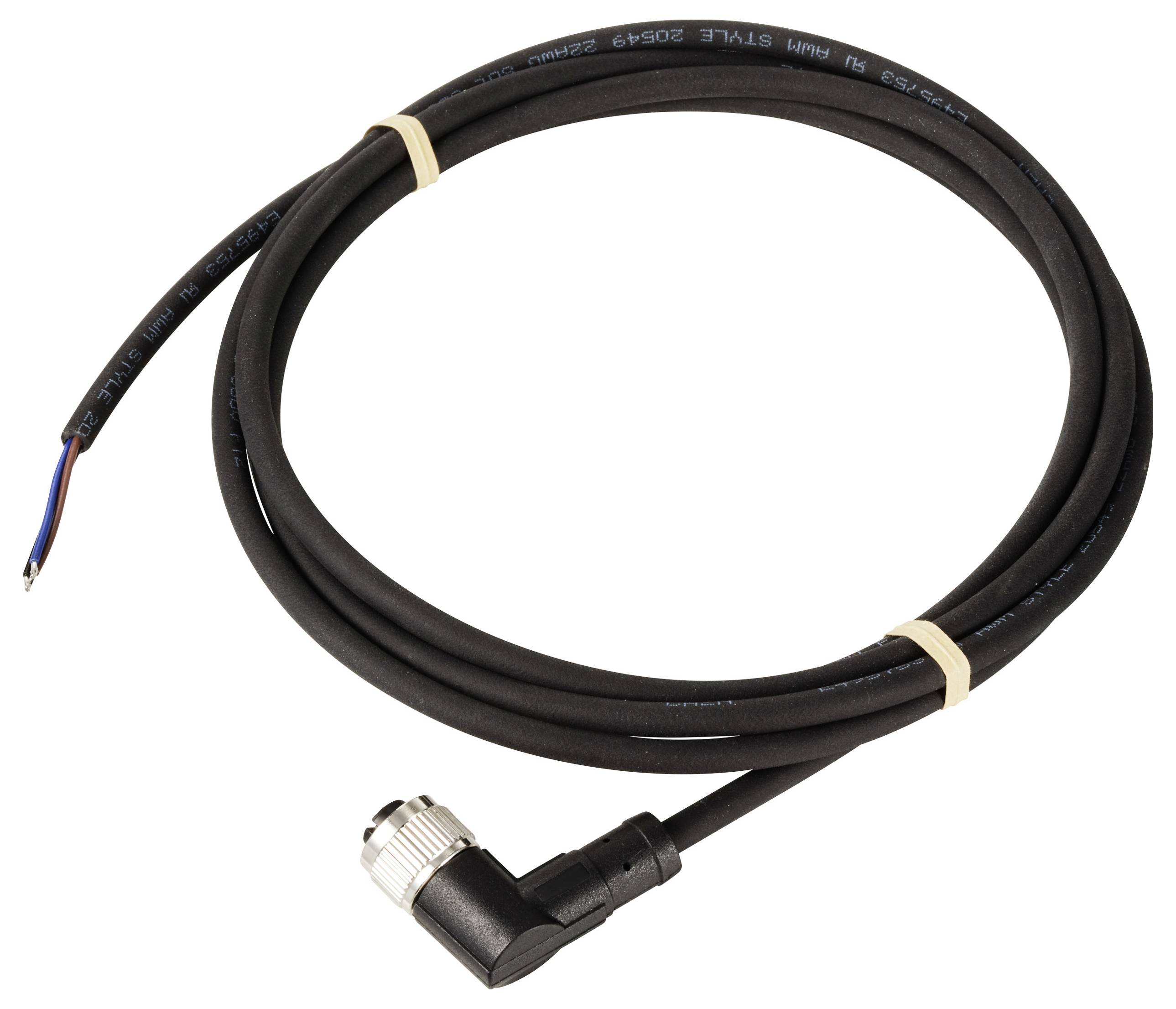 Schwarzes Kabel mit abgewinkeltem Metallstecker und offenes Kabelende mit drei Adern (blau, braun, schwarz), fixiert mit Gummibändern.