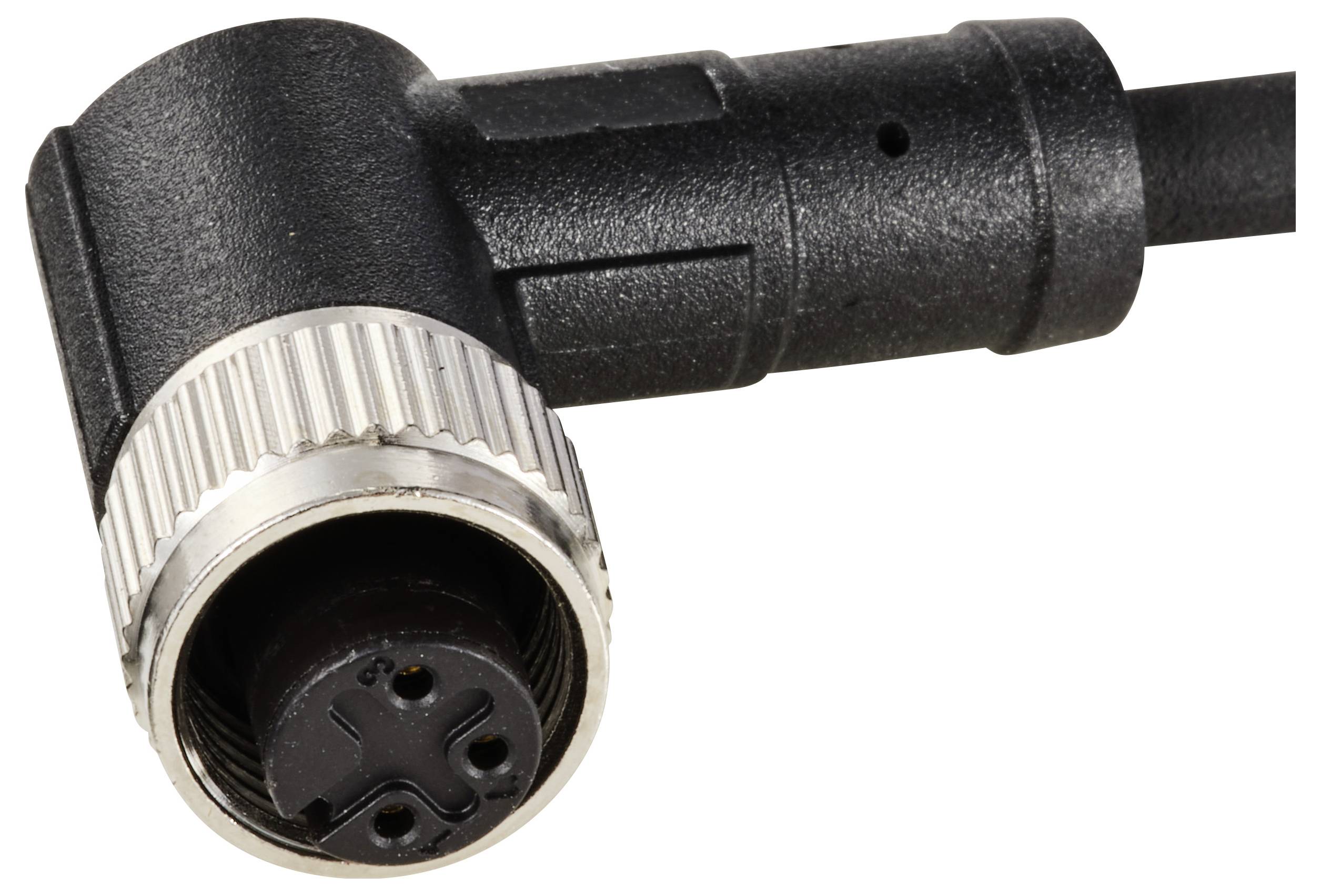 Ein schwarzer, rechtwinkliger Stecker mit geriffeltem Metallring. Möglicherweise ein elektrischer Anschluss oder Adapter.