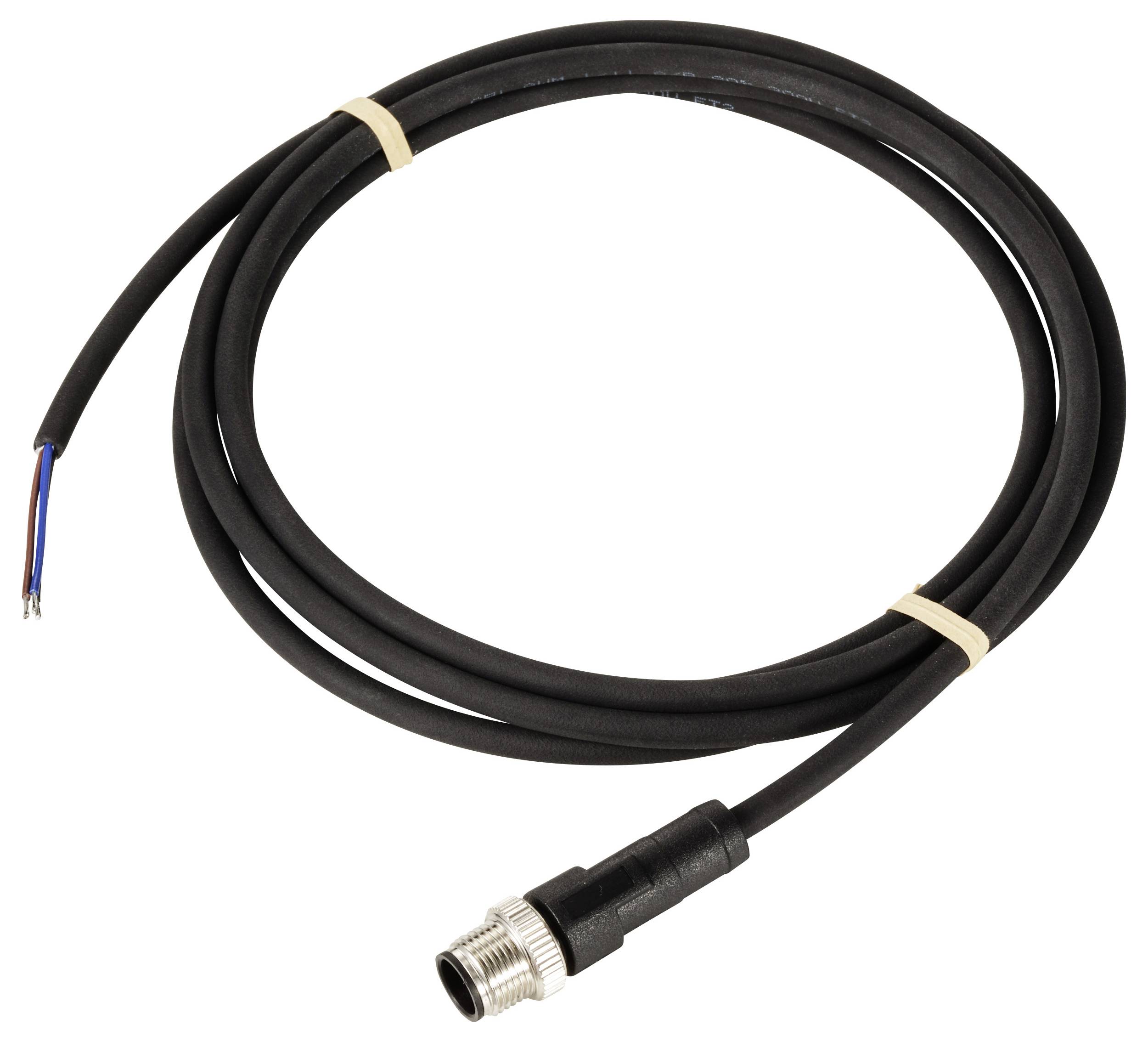 Ein schwarzes Kabel mit einem Metallstecker an einem Ende und offenen Drähten am anderen. Es ist in einer Schleife gebunden.