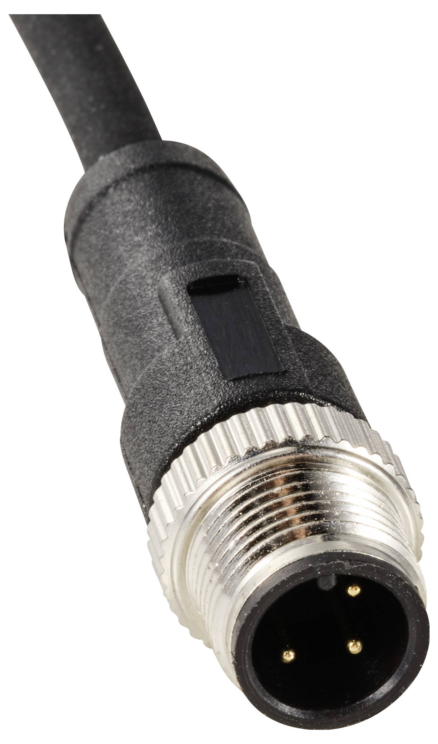 Ein schwarzes elektrisches Steckerkabel mit einem grauen, metallischen Anschluss und vier sichtbaren Steckstiften.