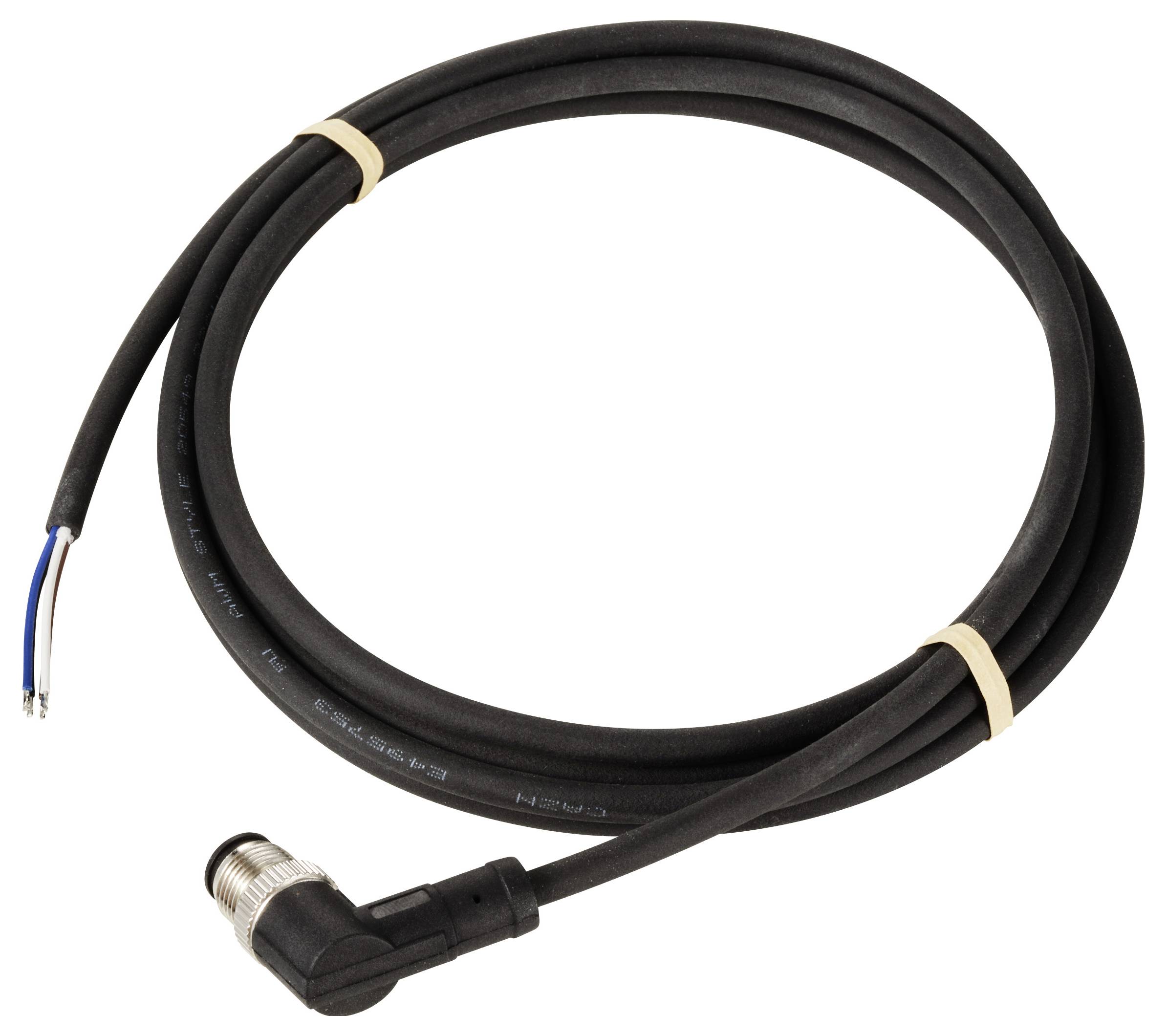 Ein schwarzes, spiralförmig aufgerolltes Kabel mit einem abgewinkelten Stecker an einem Ende und offenen Drähten am anderen Ende.