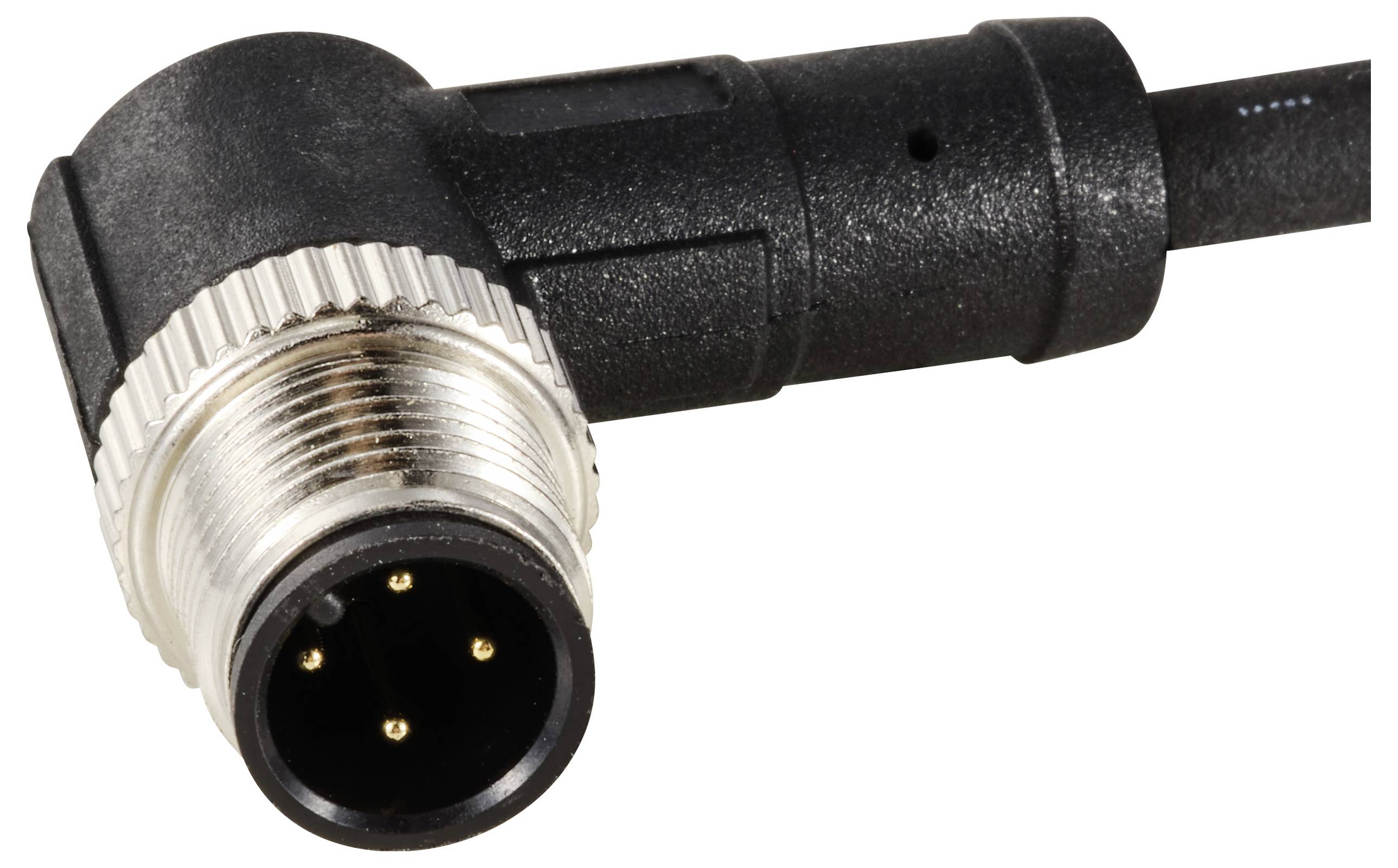 Ein schwarzer, rechtwinkliger elektronischer Stecker mit vier Metallpins und metallischem Gewinde im Nahbereich.