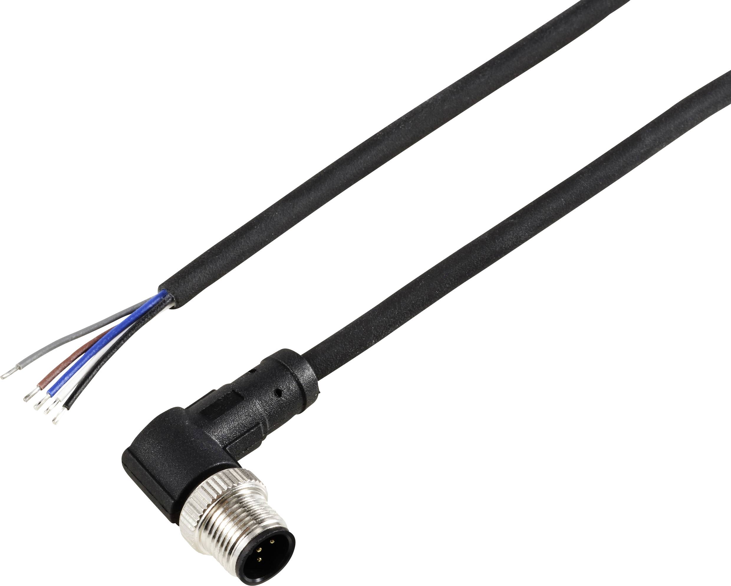 Ein schwarzes Kabel mit einem geraden Stecker und offenen Enddrähten in verschiedenen Farben, das eine M8-Steckverbindung zeigt.