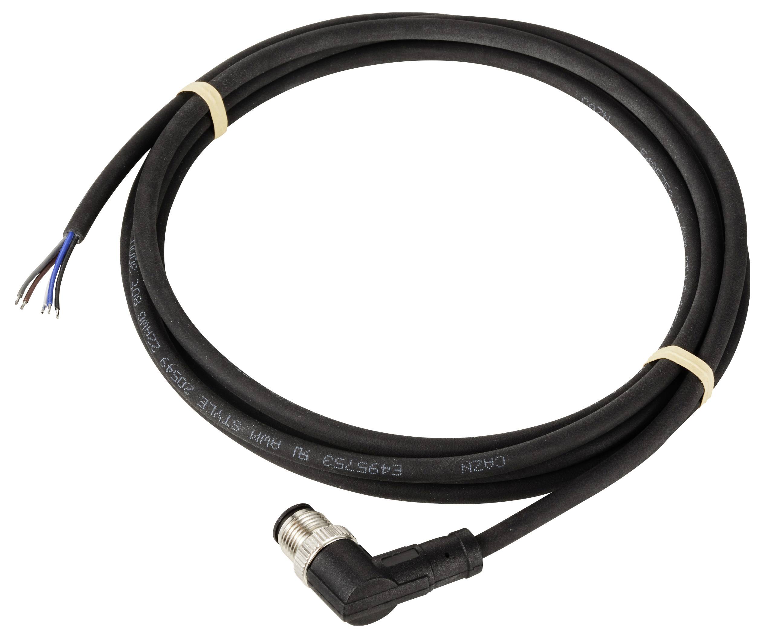 Ein schwarzes, langes Kabel mit einem rechtwinkligen Metallstecker an einem Ende. Am anderen Ende sind die Drähte freigelegt. Geeignet für elektronische Anschlüsse.