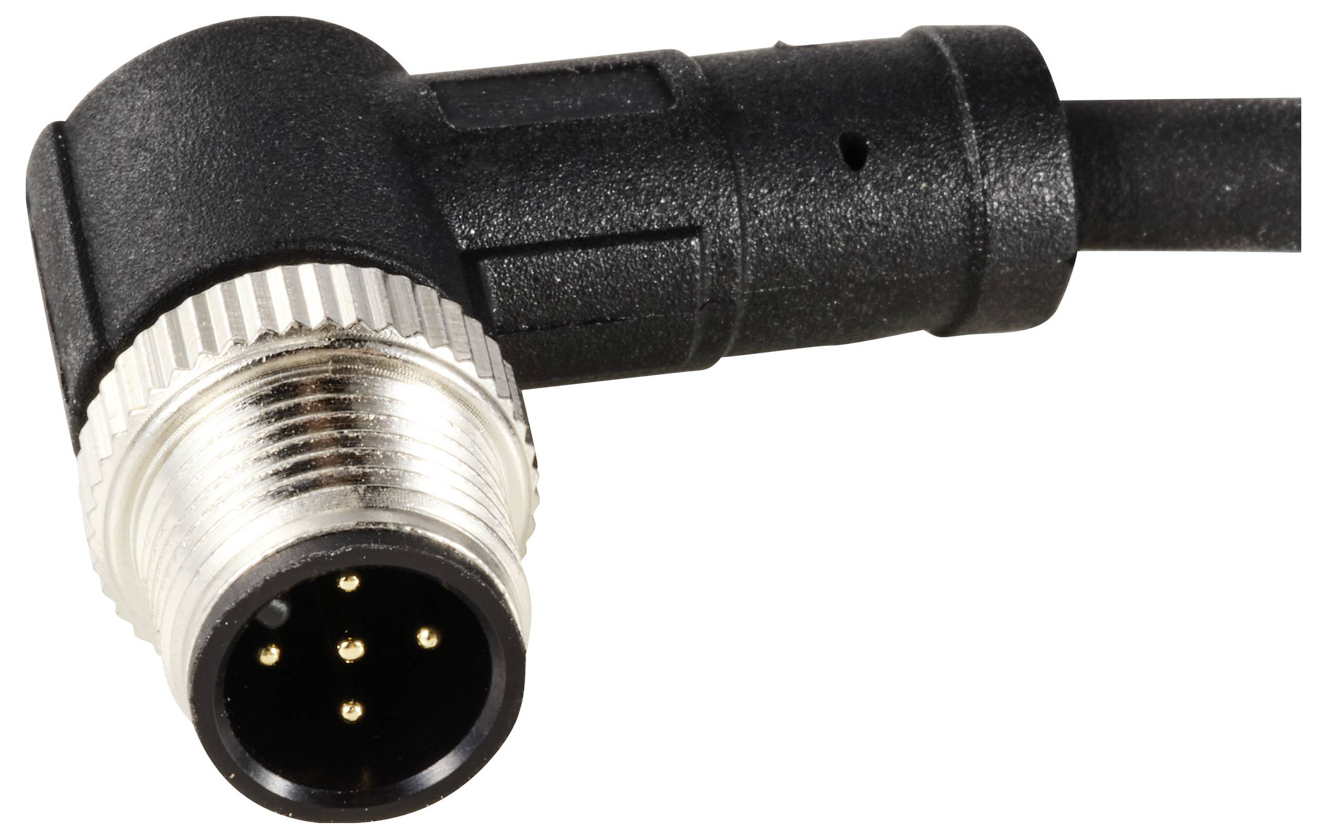 Schwarzer, abgewinkelter M12-Stecker mit fünf Metallpins und Gewinde zum Verbinden elektrischer Geräte.