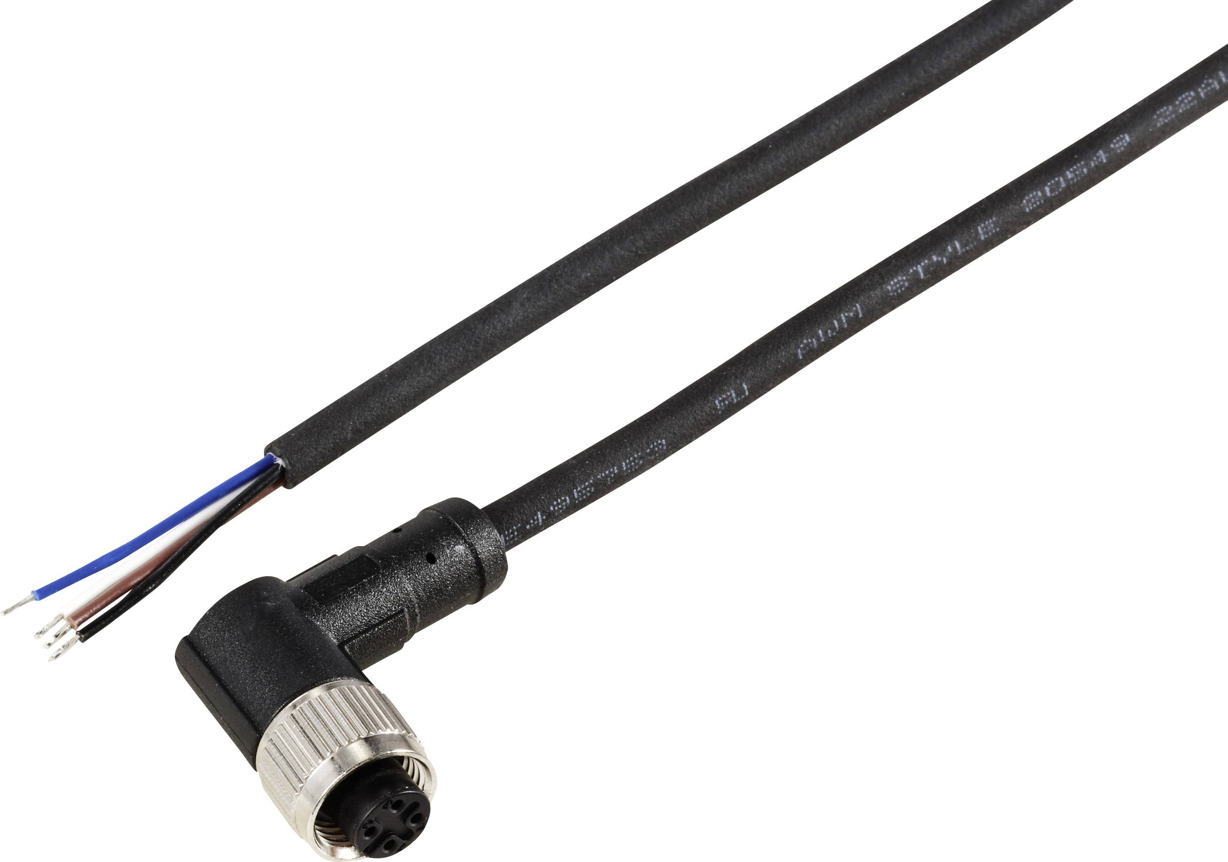 Schwarzes, rechtwinkliges Verbindungskabel mit Stecker und freien Drahtenden, geeignet für industrielle Anwendungen oder Montage.