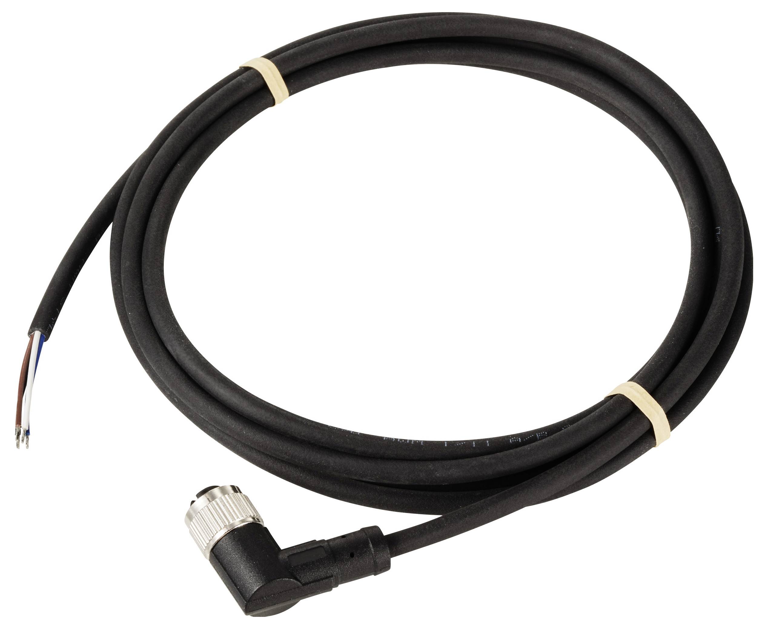 Ein schwarzes Kabel mit einem Metallstecker an einem Ende und offenen Drahtenden am anderen. Es ist aufgerollt und mit Gummibändern gesichert.